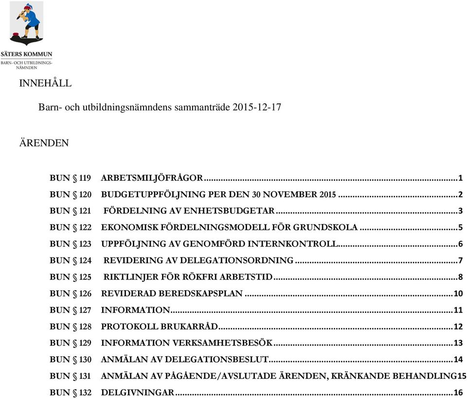 .. 6 BUN 124 REVIDERING AV DELEGATIONSORDNING... 7 BUN 125 RIKTLINJER FÖR RÖKFRI ARBETSTID... 8 BUN 126 REVIDERAD BEREDSKAPSPLAN... 10 BUN 127 INFORMATION.