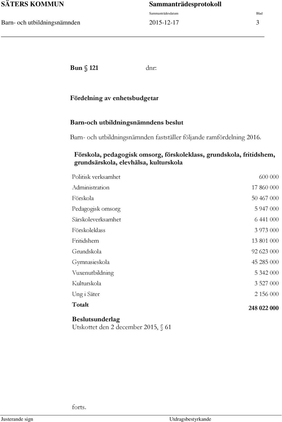 Förskola, pedagogisk omsorg, förskoleklass, grundskola, fritidshem, grundsärskola, elevhälsa, kulturskola Politisk verksamhet 600 000 Administration 17 860 000 Förskola 50 467