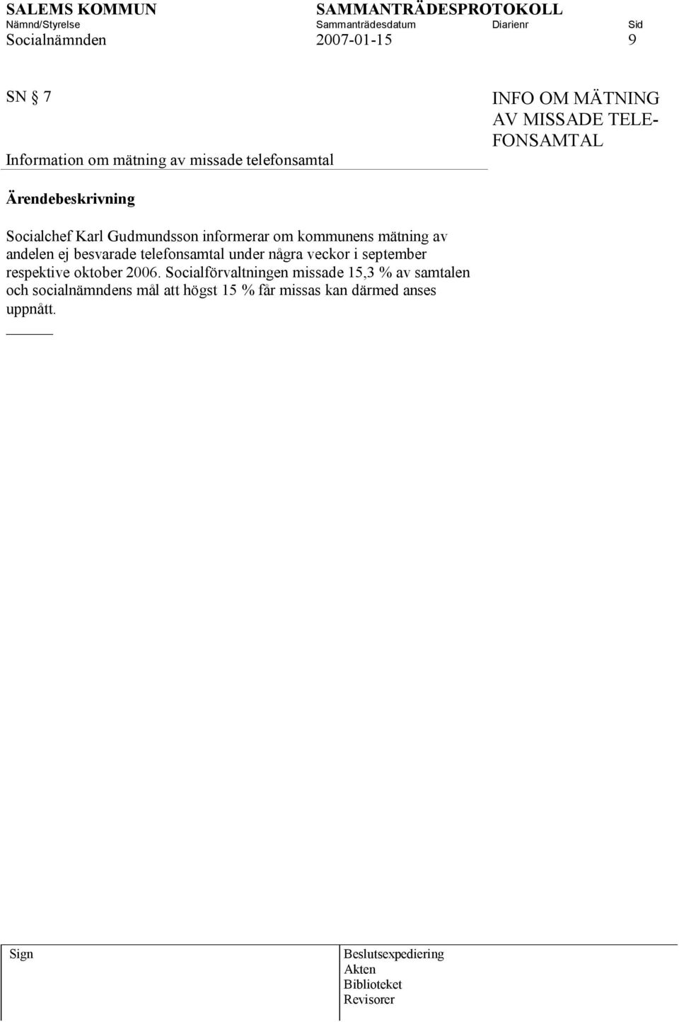 av andelen ej besvarade telefonsamtal under några veckor i september respektive oktober 2006.