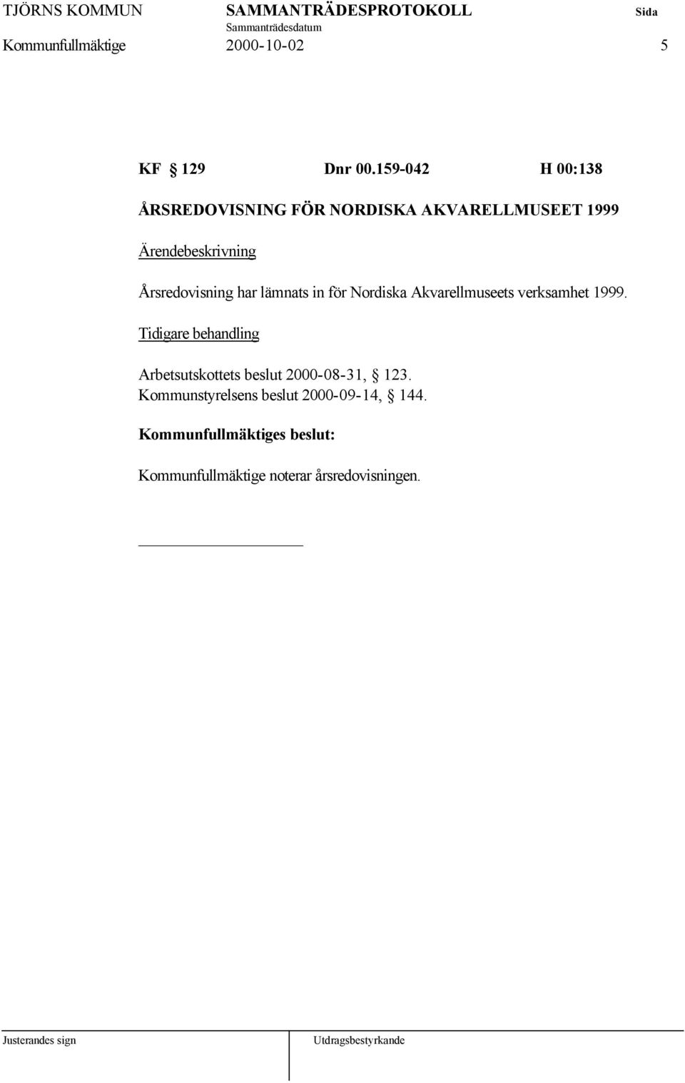 Årsredovisning har lämnats in för Nordiska Akvarellmuseets verksamhet 1999.