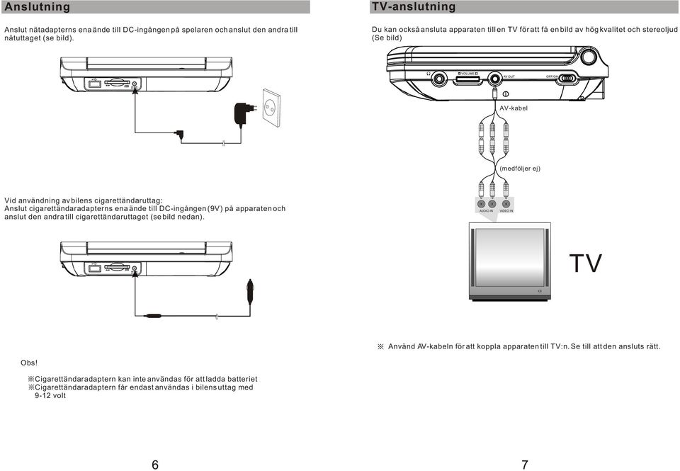 cigarettändaruttag: Anslut cigarettändaradapterns ena ände till DC-ingången (9V) på apparaten och anslut den andra till cigarettändaruttaget (se bild nedan).