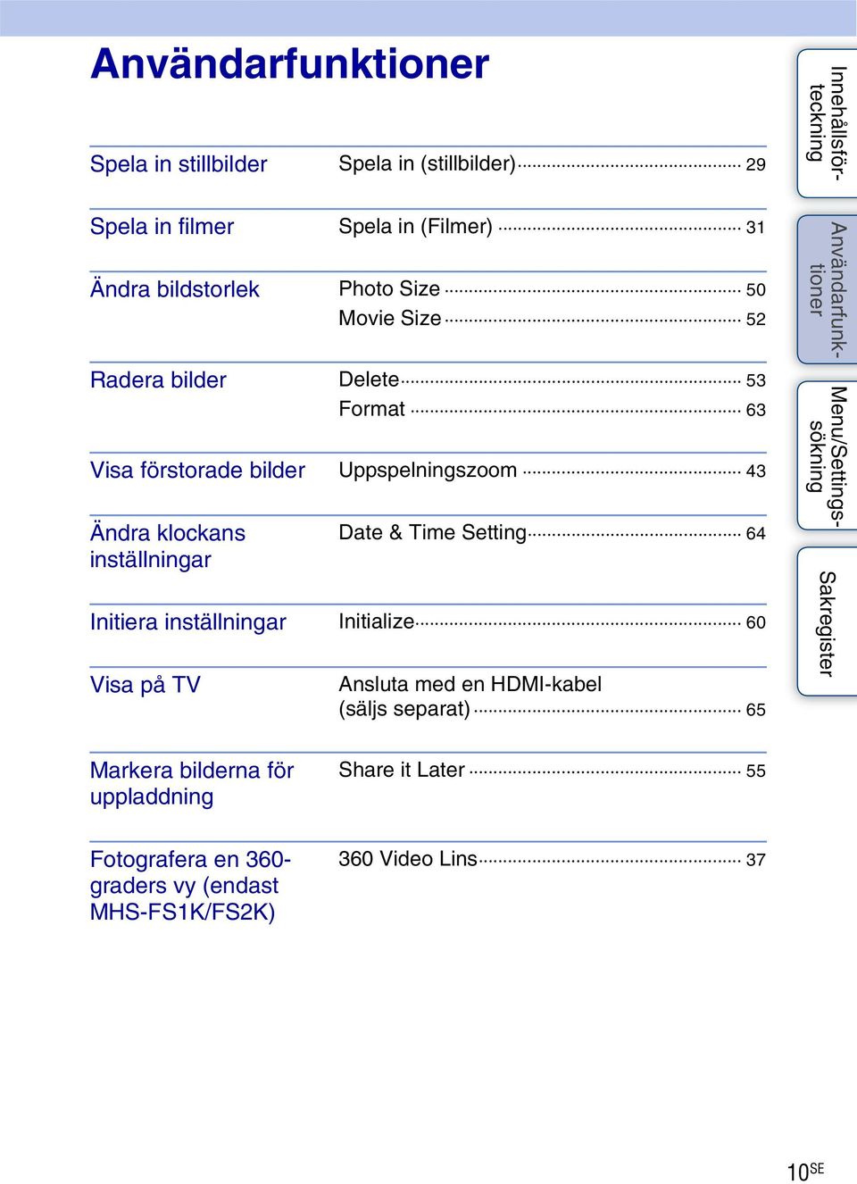 Date & Time Setting 64 Initiera inställningar Initialize 60 Visa på TV Ansluta med en HDMI-kabel (säljs separat) 65
