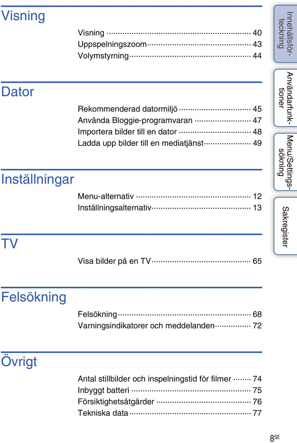Inställningsalternativ 13 Visa bilder på en TV 65 Felsökning Felsökning 68 Varningsindikatorer och meddelanden 72