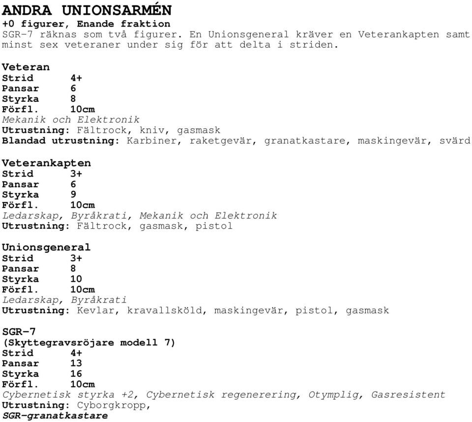 Ledarskap, Byråkrati, Mekanik och Elektronik Utrustning: Fältrock, gasmask, pistol Unionsgeneral Strid 3+ Pansar 8 Styrka 10 Ledarskap, Byråkrati Utrustning: Kevlar, kravallsköld,