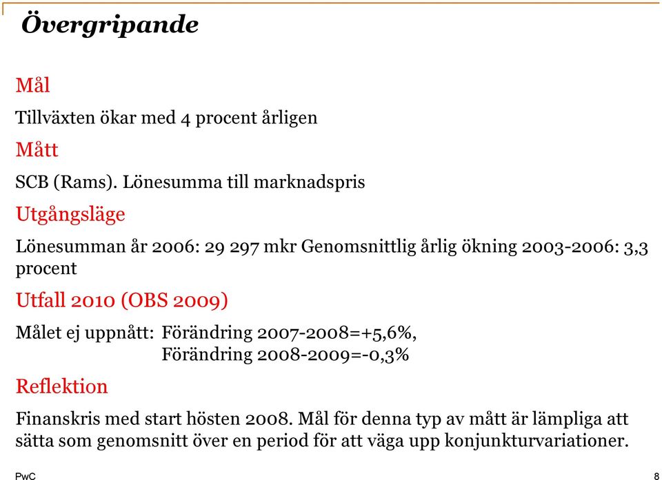 procent Utfall 2010 (OBS 2009) et ej uppnått: Förändring 2007-2008=+5,6%, Förändring 2008-2009=-0,3%