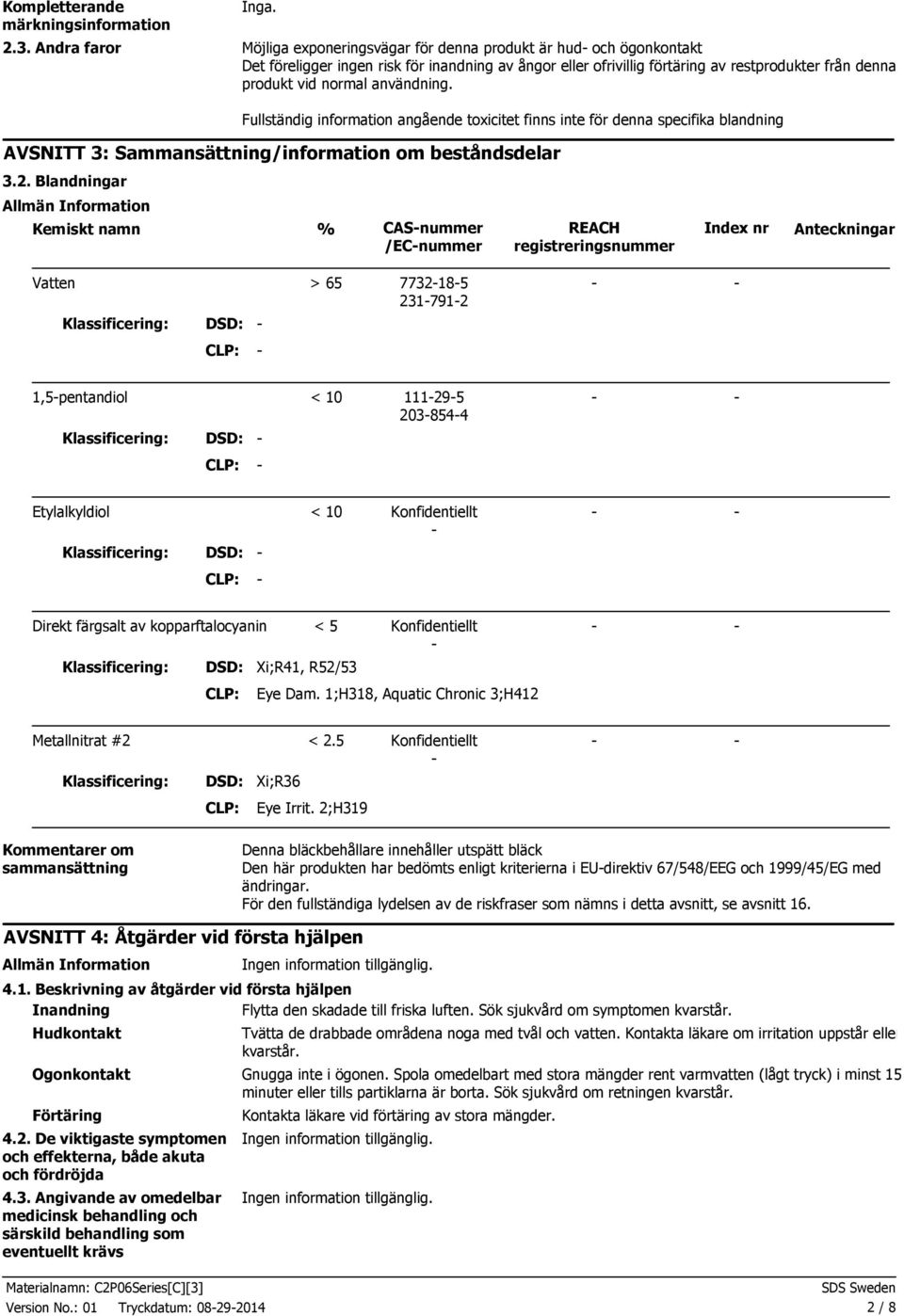 normal användning. Fullständig information angående toxicitet finns inte för denna specifika blandning AVSNITT 3: Sammansättning/information om beståndsdelar 3.2.