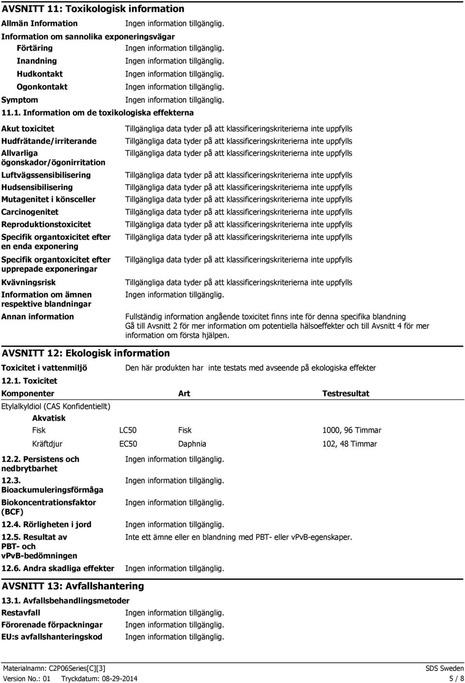 .1. Information om de toxikologiska effekterna Akut toxicitet Hudfrätande/irriterande Allvarliga ögonskador/ögonirritation Luftvägssensibilisering Hudsensibilisering Mutagenitet i könsceller