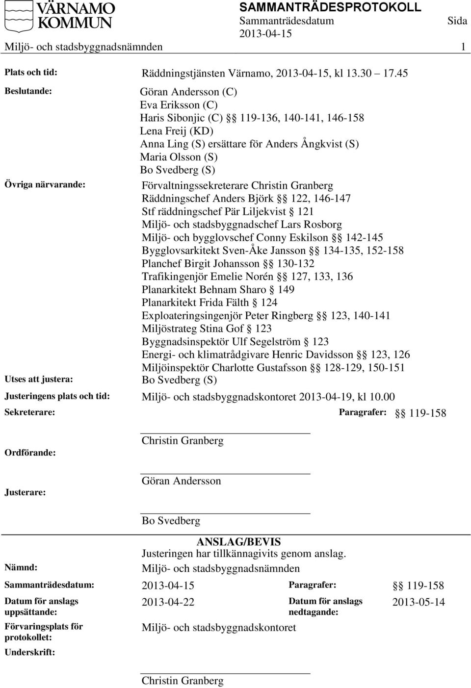 Olsson (S) Bo Svedberg (S) Förvaltningssekreterare Christin Granberg Räddningschef Anders Björk 122, 146-147 Stf räddningschef Pär Liljekvist 121 Miljö- och stadsbyggnadschef Lars Rosborg Miljö- och