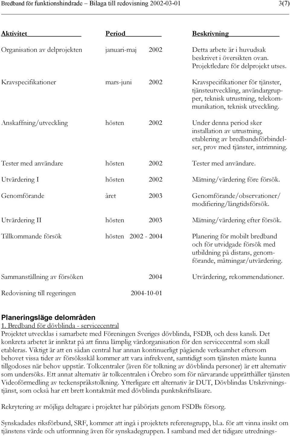 Kravspecifikationer mars-juni 2002 Kravspecifikationer för tjänster, tjänsteutveckling, användargrupper, teknisk utrustning, telekommunikation, teknisk utveckling.