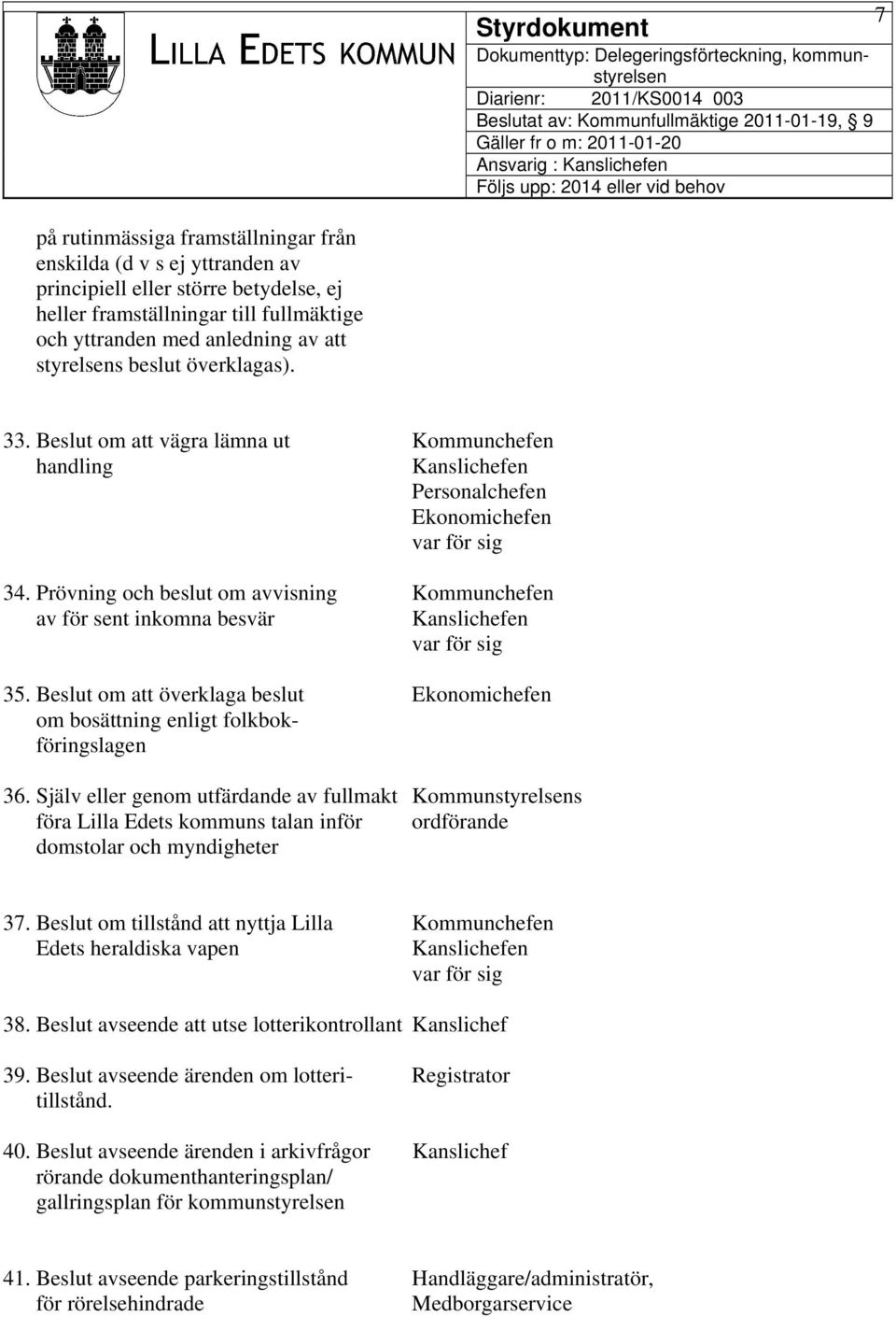 Prövning och beslut om avvisning Kommunchefen av för sent inkomna besvär Kanslichefen var för sig 35. Beslut om att överklaga beslut Ekonomichefen om bosättning enligt folkbokföringslagen 36.