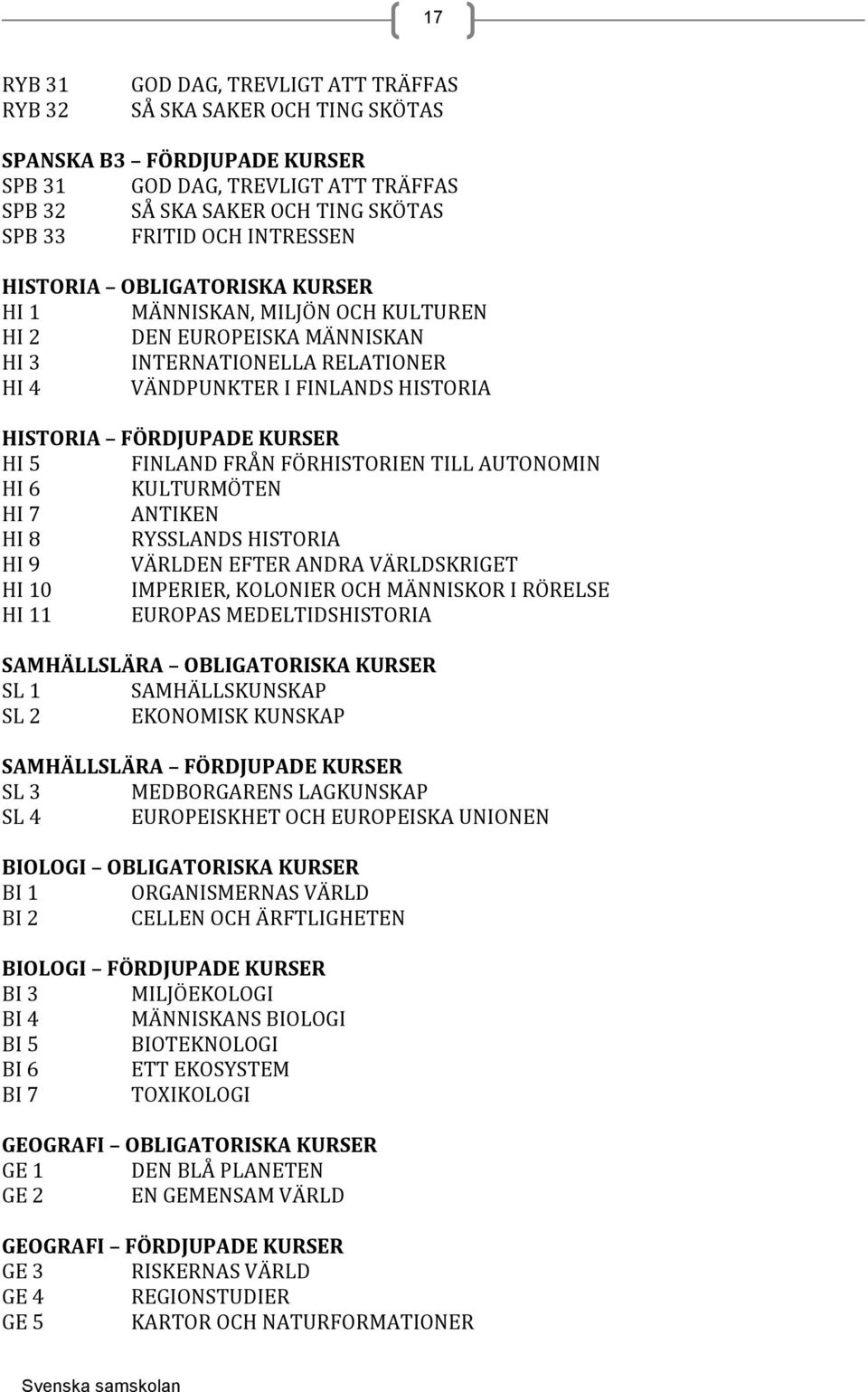 KURSER HI 5 FINLAND FRÅN FÖRHISTORIEN TILL AUTONOMIN HI 6 KULTURMÖTEN HI 7 ANTIKEN HI 8 RYSSLANDS HISTORIA HI 9 VÄRLDEN EFTER ANDRA VÄRLDSKRIGET HI 10 IMPERIER, KOLONIER OCH MÄNNISKOR I RÖRELSE HI 11