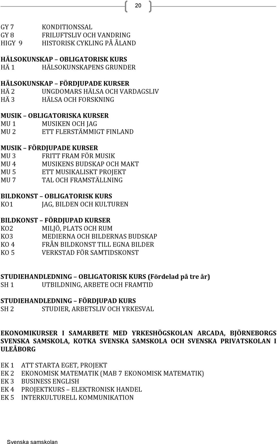 MU 5 ETT MUSIKALISKT PROJEKT MU 7 TAL OCH FRAMSTÄLLNING BILDKONST OBLIGATORISK KURS KO1 JAG, BILDEN OCH KULTUREN BILDKONST FÖRDJUPAD KURSER KO2 MILJÖ, PLATS OCH RUM KO3 MEDIERNA OCH BILDERNAS BUDSKAP