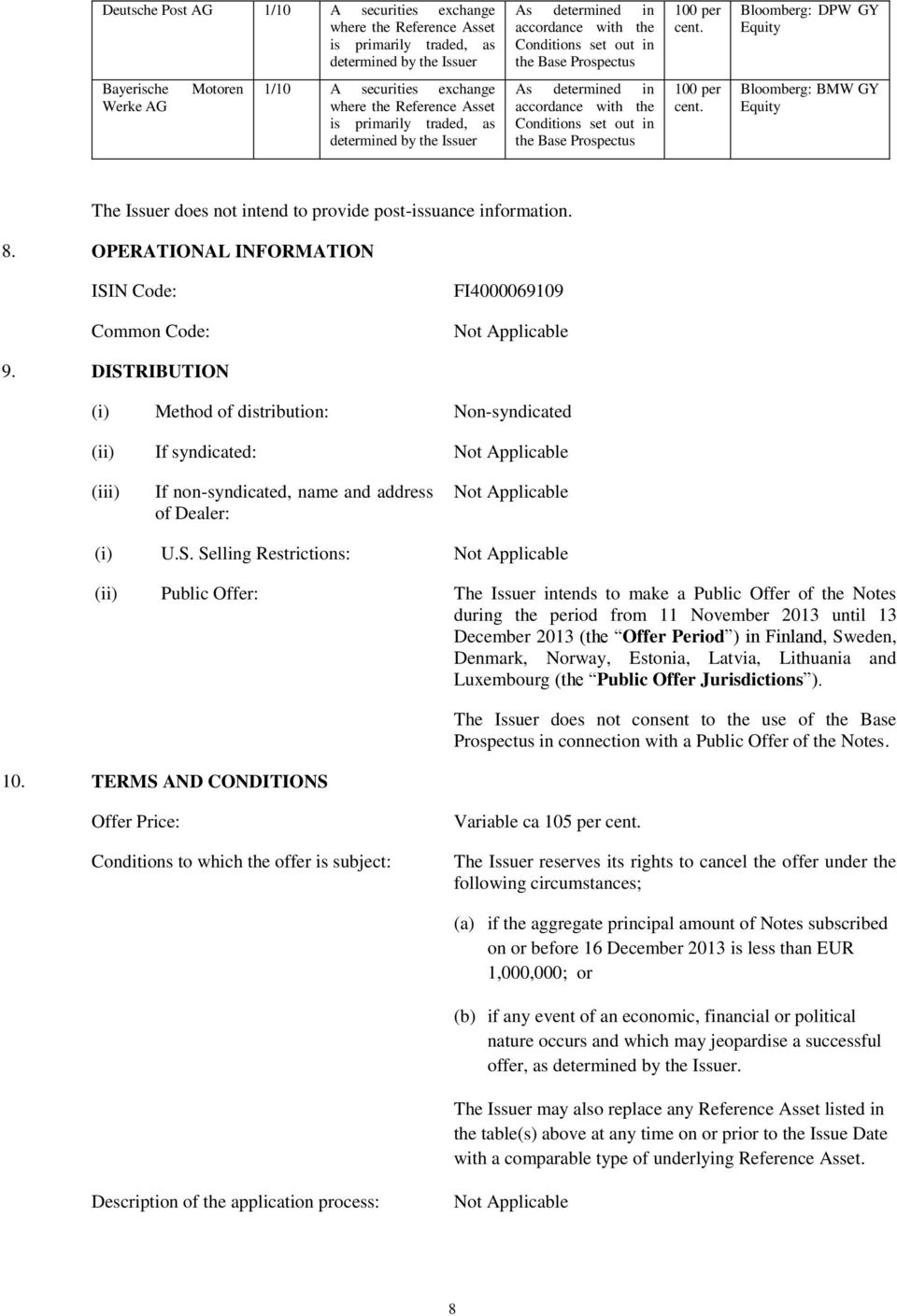 Bloomberg: DPW GY Equity Bayerische Werke AG Motoren 1/10 A securities exchange where the Reference Asset is primarily traded, as determined by the Issuer As determined in accordance with the