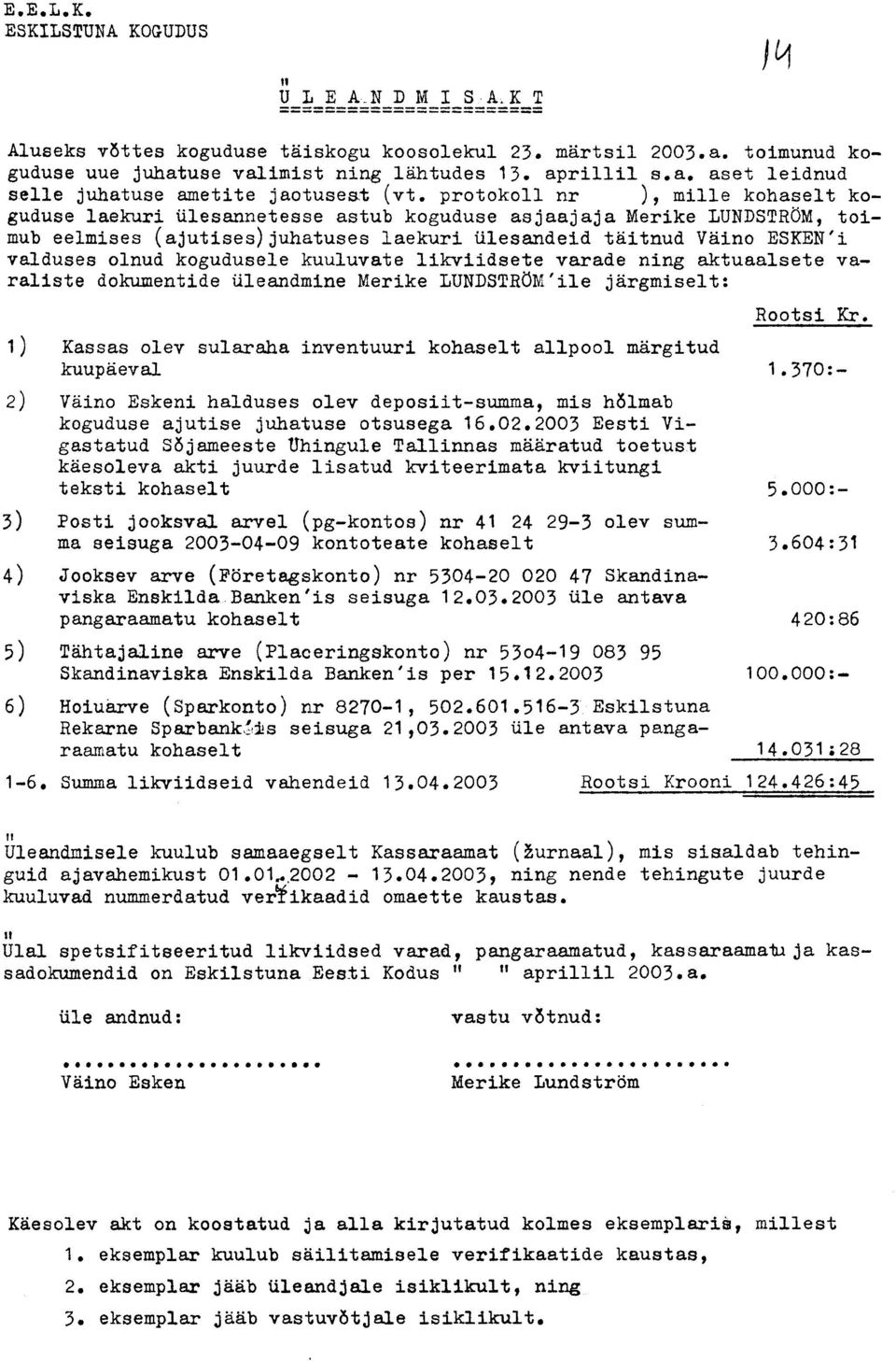 protokoll nr ), mille kohaselt koguduse laekuri ülesannetesse astub koguduse asjaajaja Merike LUNDSTRÖM, toimub eelmises (ajutises)juhatuses laekuri ülesandeid täitnud Väino ESKEN'i valduses olnud