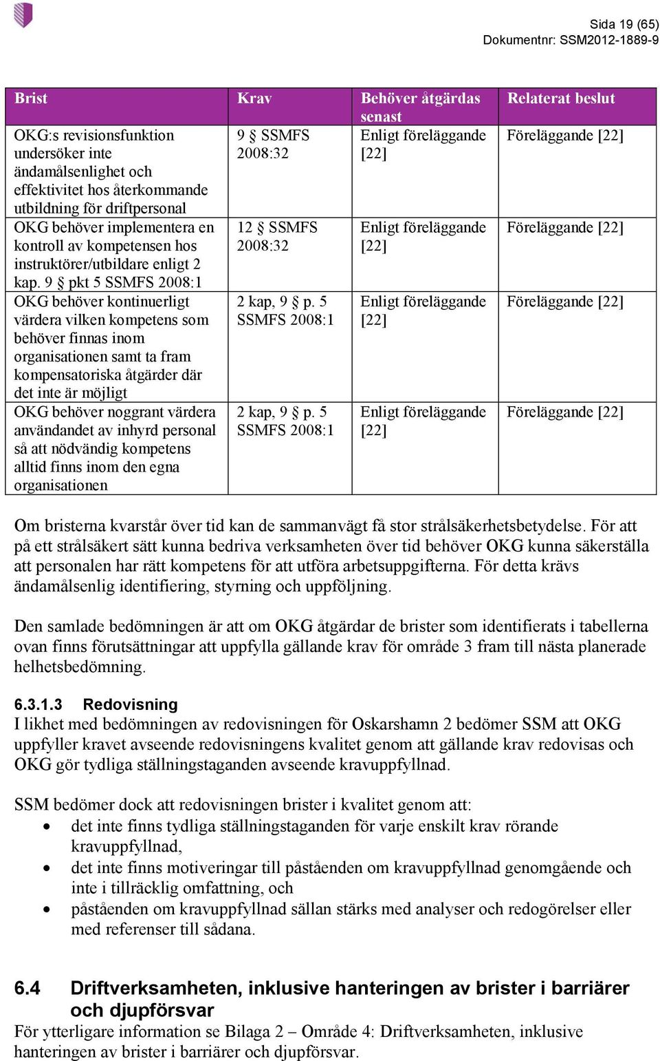 9 pkt 5 OKG behöver kontinuerligt värdera vilken kompetens som behöver finnas inom organisationen samt ta fram kompensatoriska åtgärder där det inte är möjligt OKG behöver noggrant värdera