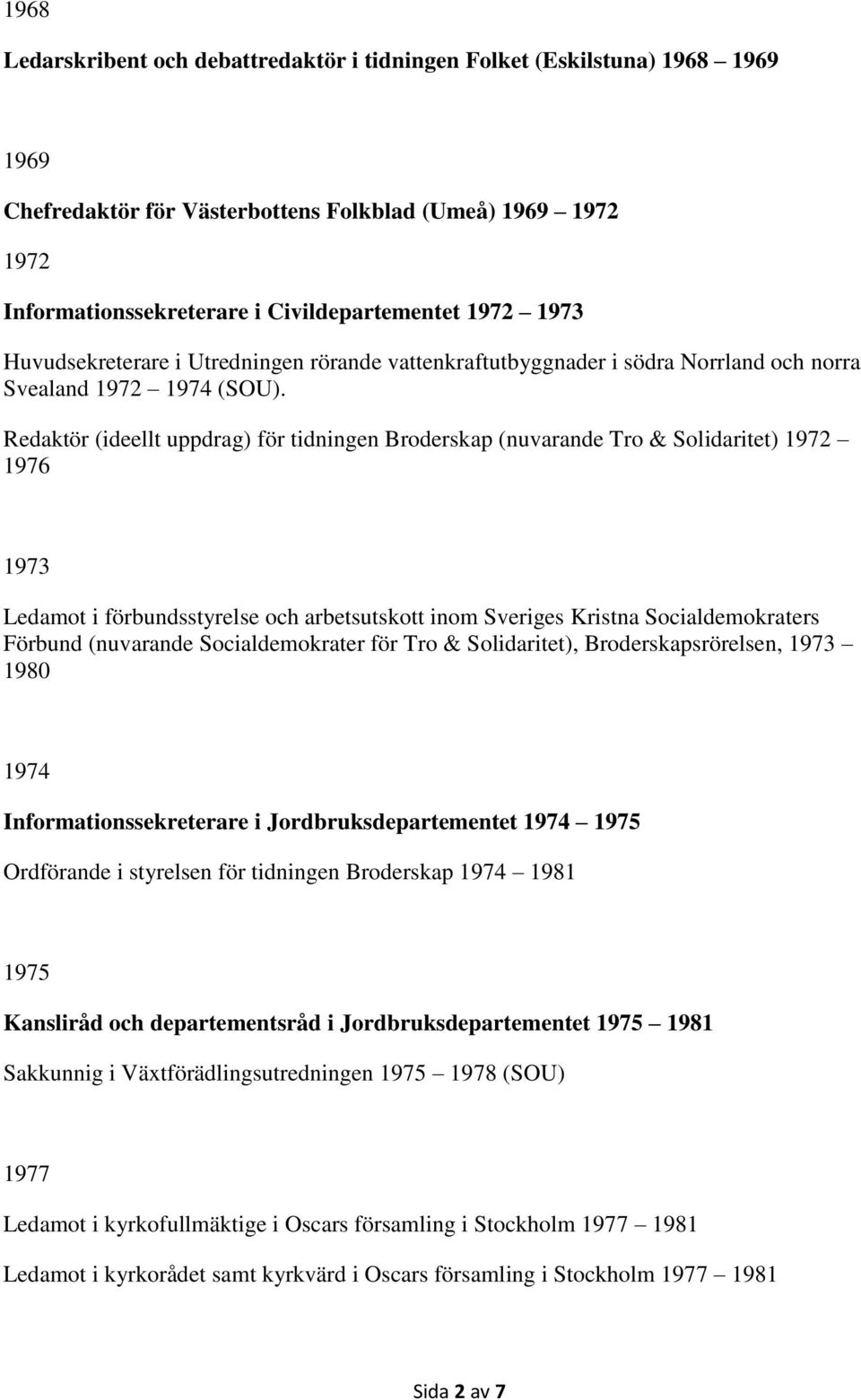 Redaktör (ideellt uppdrag) för tidningen Broderskap (nuvarande Tro & Solidaritet) 1972 1976 1973 Ledamot i förbundsstyrelse och arbetsutskott inom Sveriges Kristna Socialdemokraters Förbund