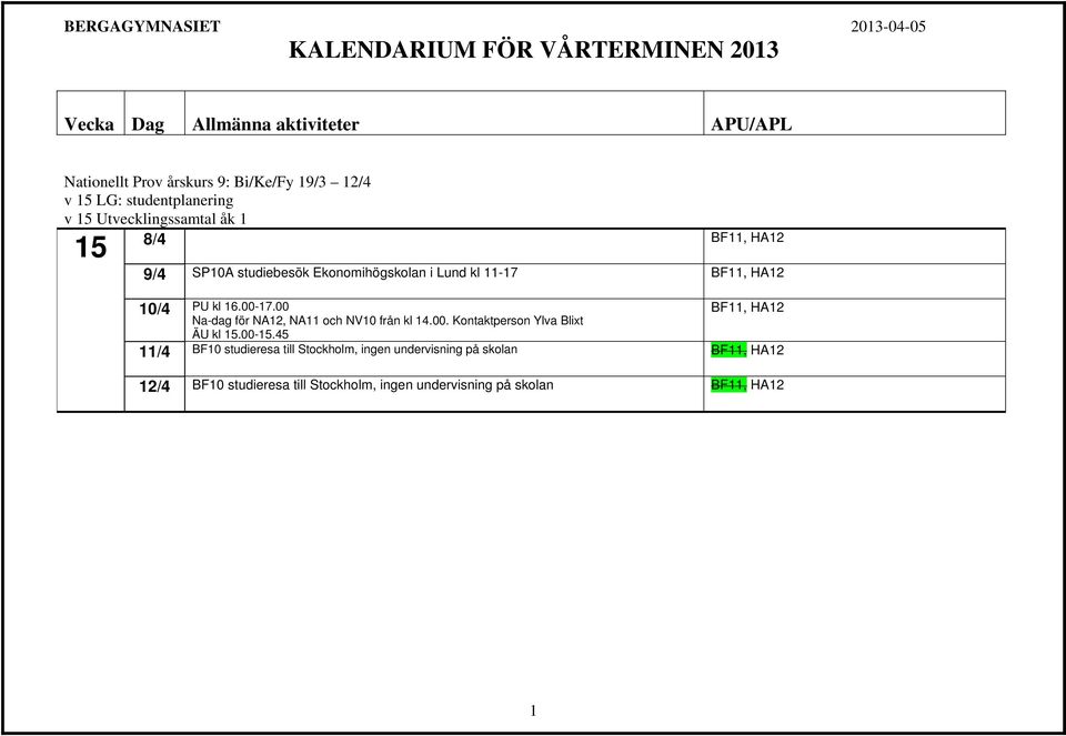 00 Na-dag för NA12, NA11 och NV10 från kl 14.00. Kontaktperson Ylva Blixt BF11, HA12 ÄU kl 15.00-15.