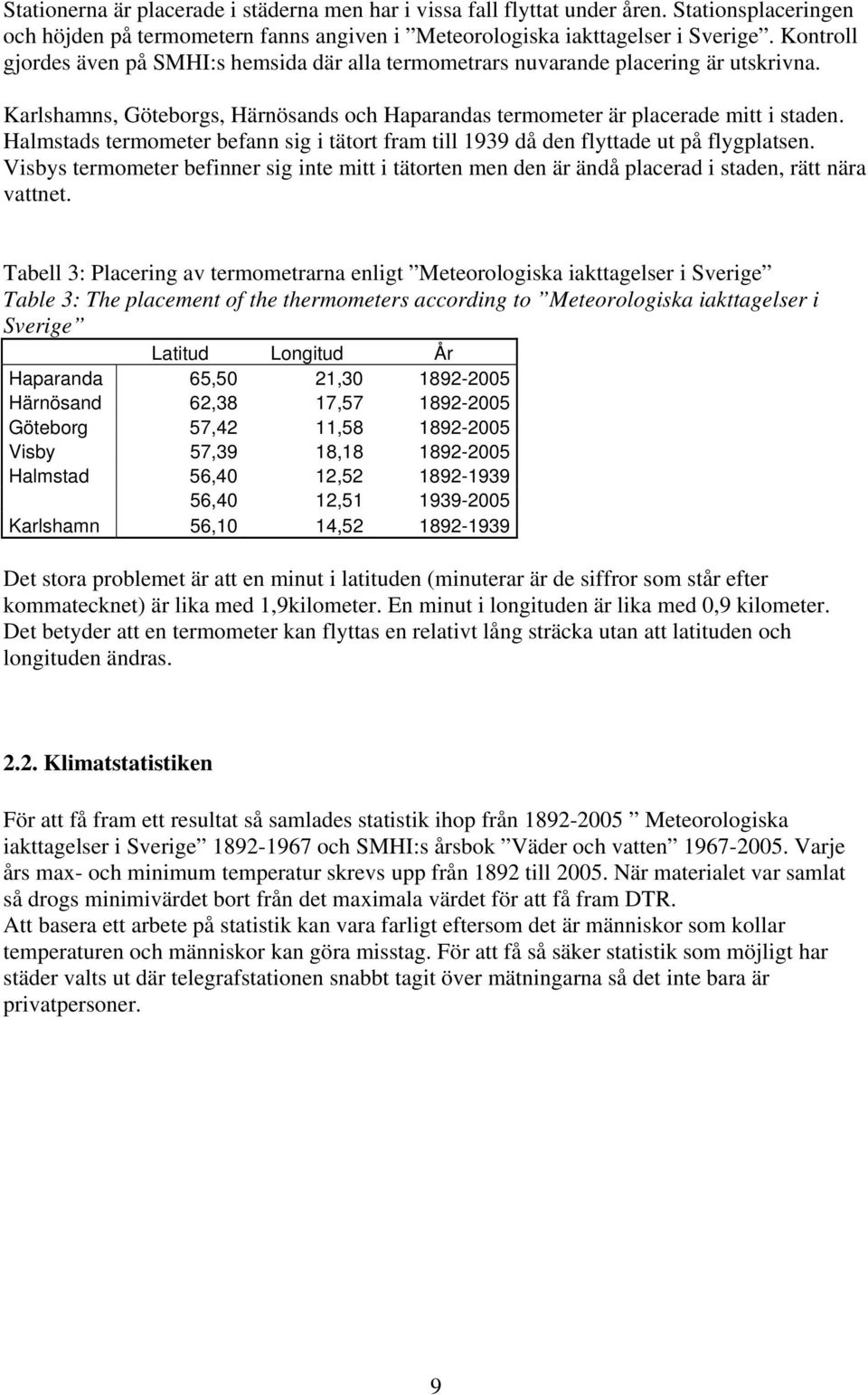 Halmstads termometer befann sig i tätort fram till 1939 då den flyttade ut på flygplatsen. Visbys termometer befinner sig inte mitt i tätorten men den är ändå placerad i staden, rätt nära vattnet.