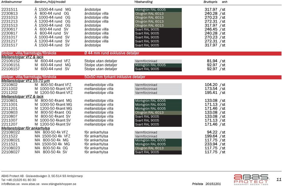 31 / st 2231513 Ä 1500-44 rund OG ändstolpe Olivgrön RAL 6013 317.97 / st 2230617 Ä 600-44 rund SV ändstolpe villa Svart RAL 9005 246.