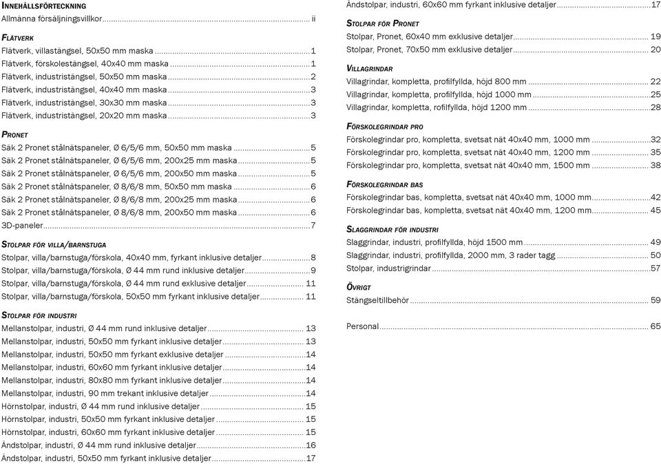 ..3 PRONET Säk 2 Pronet stålnätspaneler, Ø 6/5/6 mm, 50x50 mm maska...5 Säk 2 Pronet stålnätspaneler, Ø 6/5/6 mm, 200x25 mm maska...5 Säk 2 Pronet stålnätspaneler, Ø 6/5/6 mm, 200x50 mm maska.