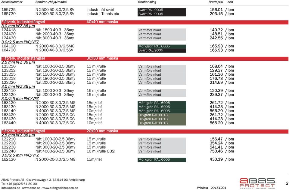 51 / lpm 124430 Nät 3000-40-3 36my Varmförzinkad 242.55 / lpm 3,0/2,5 mm PVC/VFZ 164120 N 2000-40-3,0/2,5MG Mörkgrön RAL 6005 165.93 / lpm 164720 N 2000-40-3,0/2,5SV Svart RAL 9005 165.
