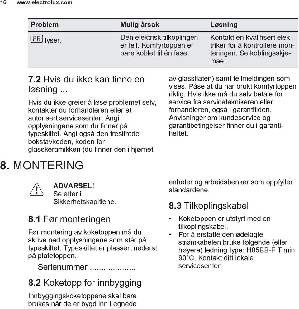 Angi også den tresifrede bokstavkoden, koden for glasskeramikken (du finner den i hjørnet 8. MONTERING ADVARSEL! Se etter i Sikkerhetskapitlene. 8.1 Før monteringen Før montering av koketoppen må du skrive ned opplysningene som står på typeskiltet.