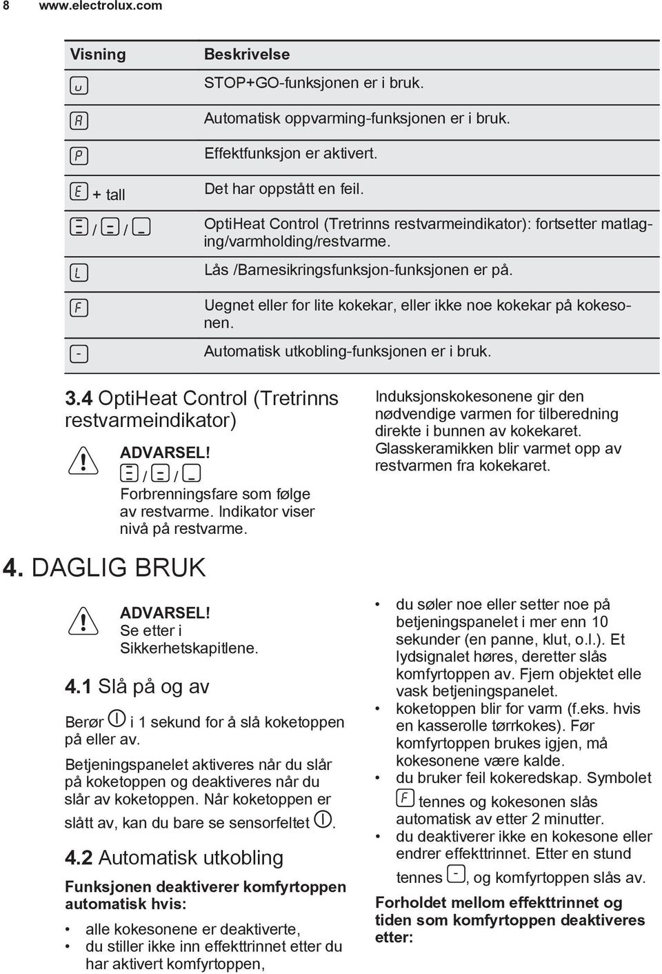 Uegnet eller for lite kokekar, eller ikke noe kokekar på kokesonen. Automatisk utkobling-funksjonen er i bruk. 3.4 OptiHeat Control (Tretrinns restvarmeindikator) ADVARSEL! 4.