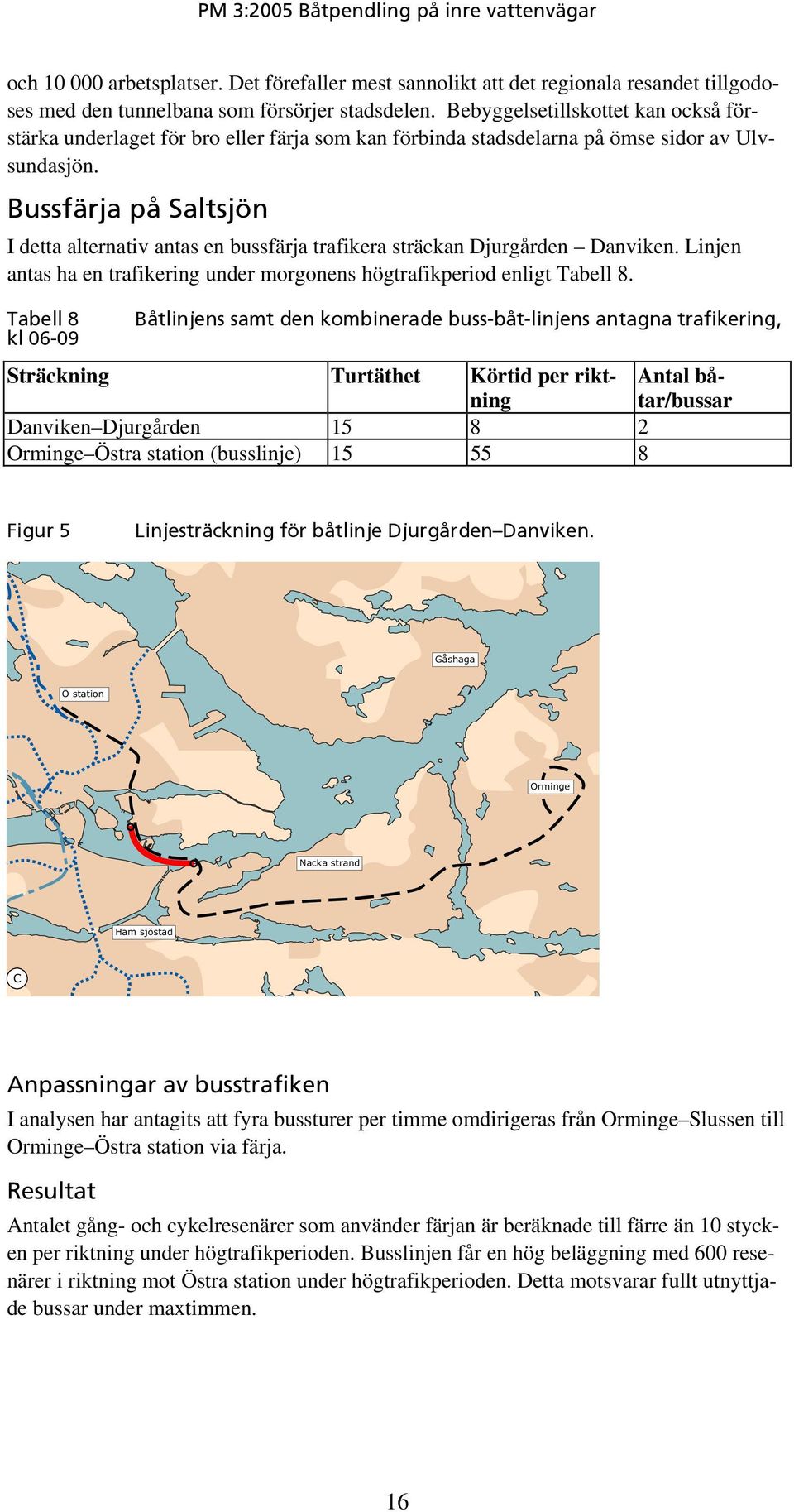 Bussfärja på Saltsjön I detta alternativ antas en bussfärja trafikera sträckan Djurgården Danviken. Linjen antas ha en trafikering under morgonens högtrafikperiod enligt Tabell 8.