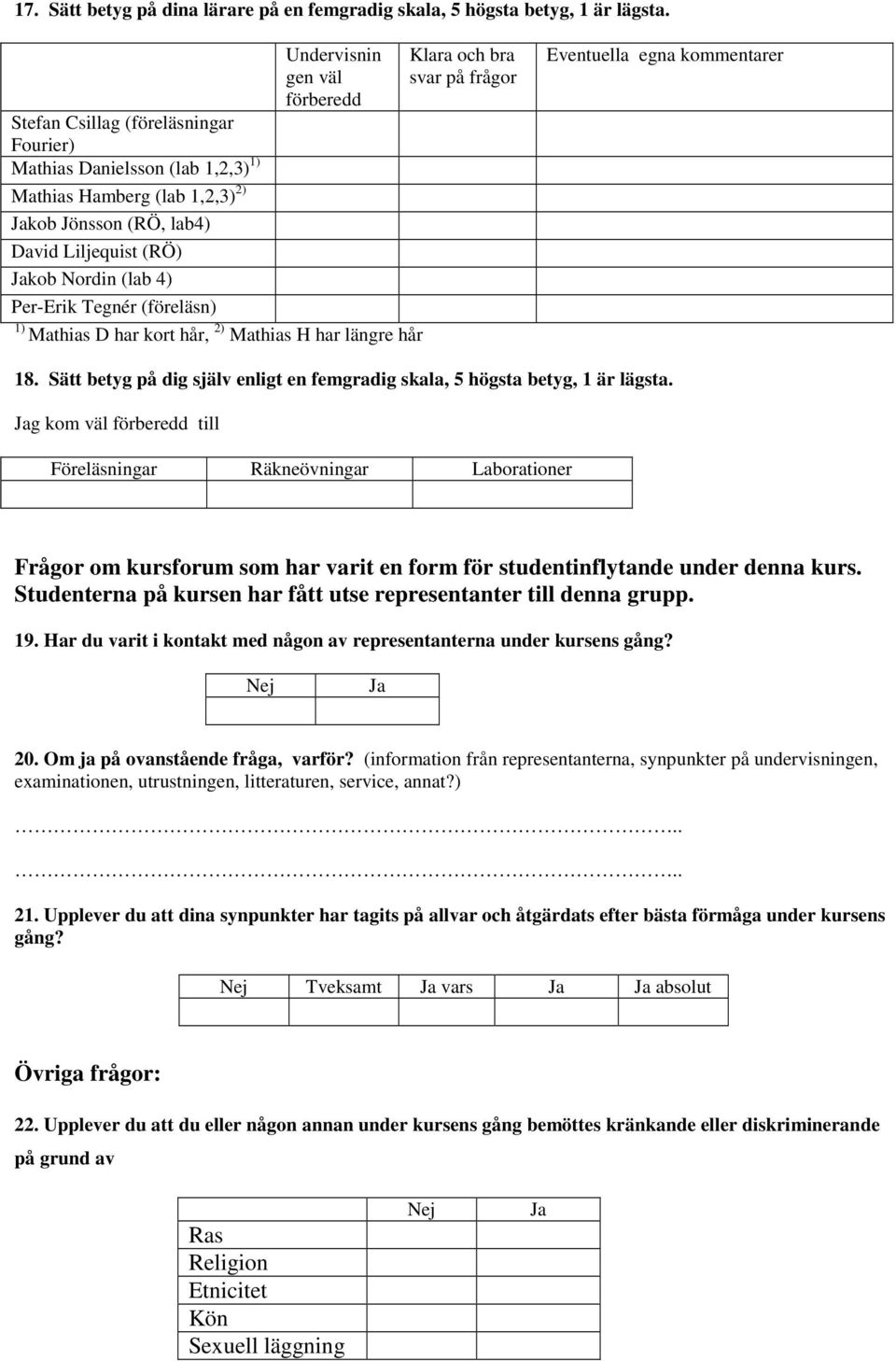 4) Per-Erik Tegnér (föreläsn) 1) Mathias D har kort hår, 2) Mathias H har längre hår Klara och bra svar på frågor Eventuella egna kommentarer 18.