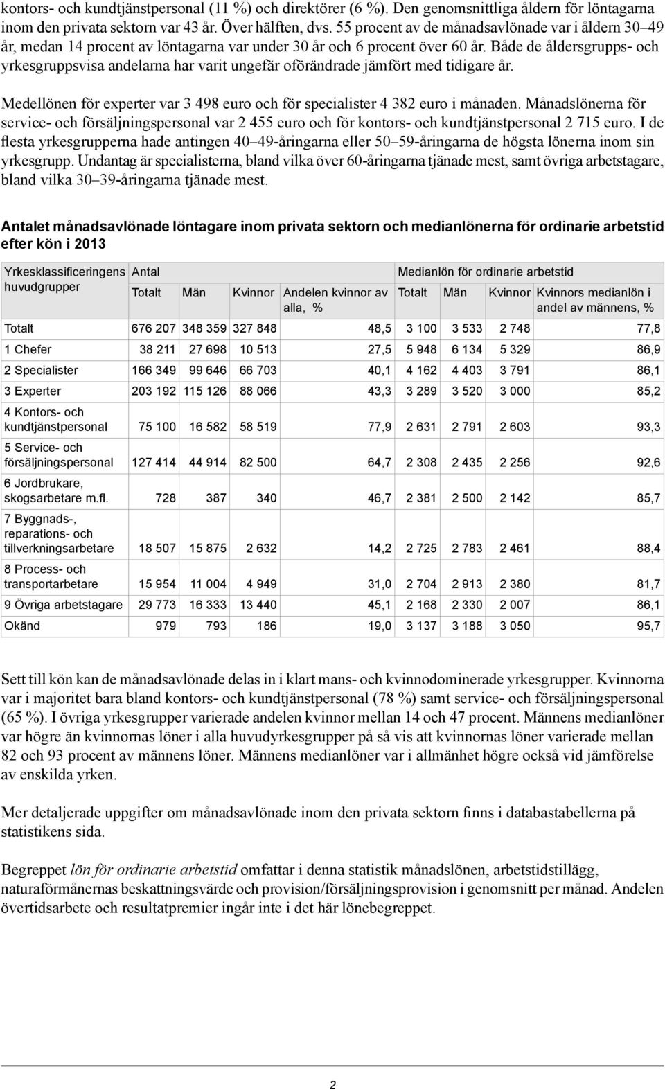 Både de åldersgrupps- och yrkesgruppsvisa andelarna har varit ungefär oförändrade jämfört med tidigare år. Medellönen för experter var 3 498 euro och för specialister 4 382 euro i månaden.