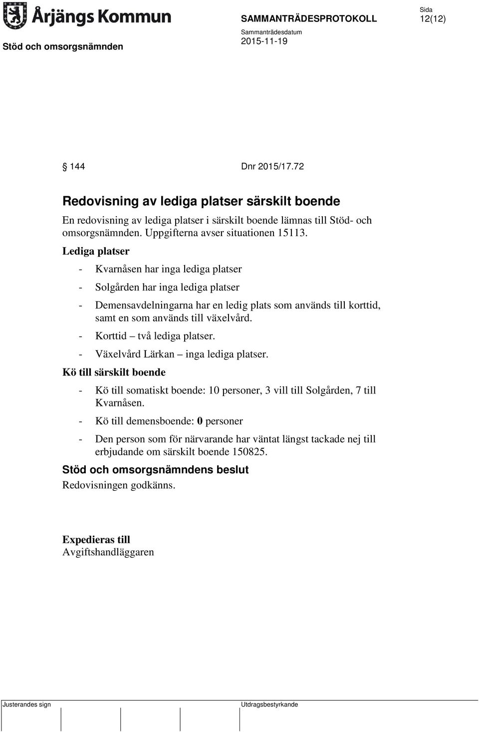 Lediga platser - Kvarnåsen har inga lediga platser - Solgården har inga lediga platser - Demensavdelningarna har en ledig plats som används till korttid, samt en som används till växelvård.