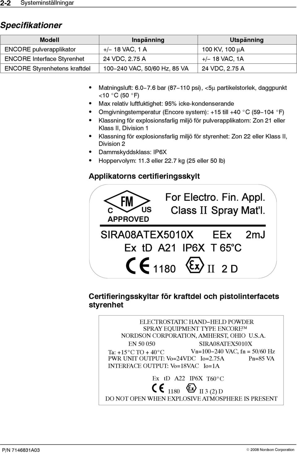 6 bar (87 110 psi), <5μ partikelstorlek, daggpunkt <10 C (50 F) Max relativ luftfuktighet: 95% icke-kondenserande Omgivningstemperatur (Encore system): +15 till +40 C (59 104 F) Klassning för