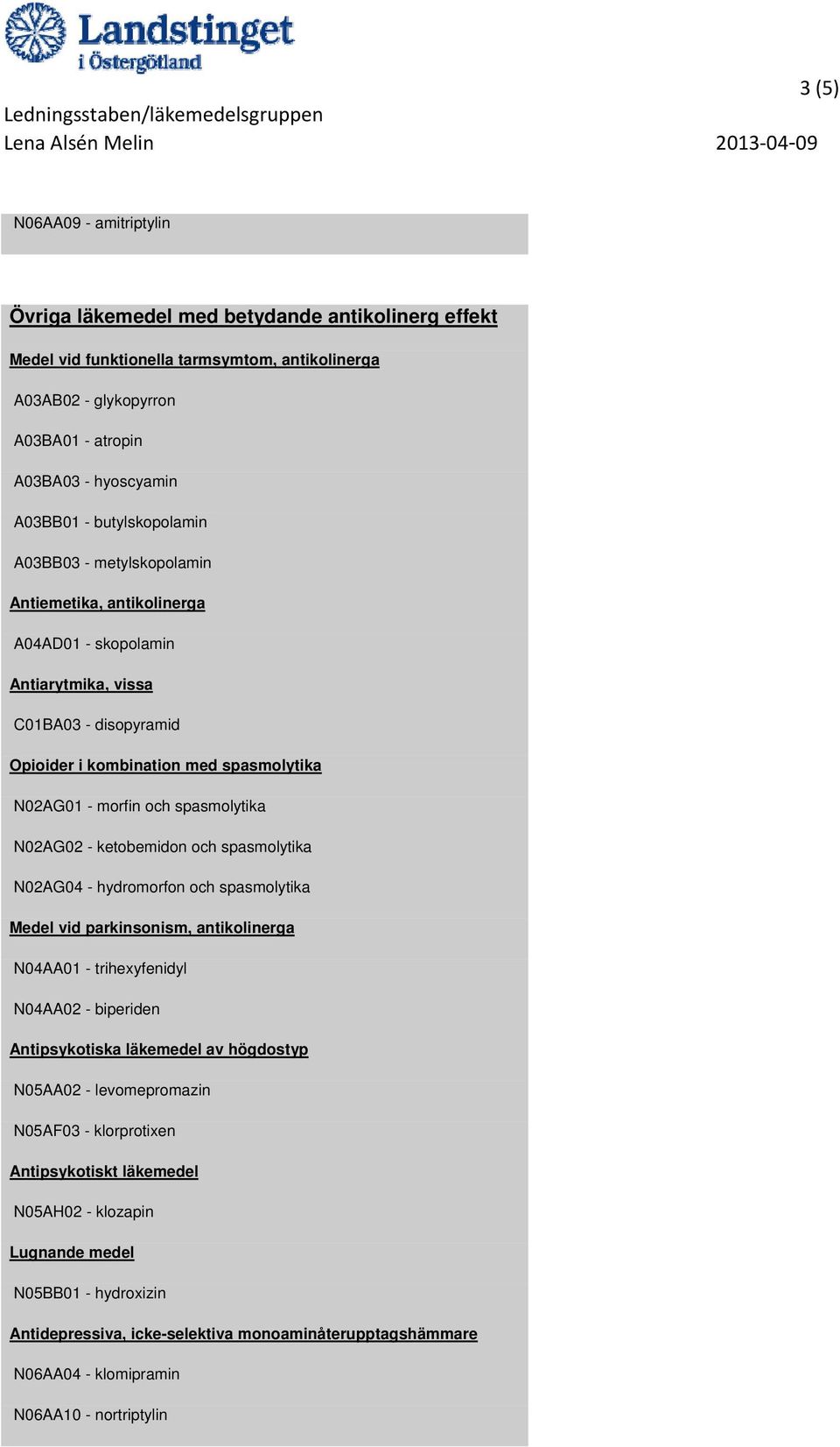 spasmolytika N02AG02 - ketobemidon och spasmolytika N02AG04 - hydromorfon och spasmolytika Medel vid parkinsonism, antikolinerga N04AA01 - trihexyfenidyl N04AA02 - biperiden Antipsykotiska läkemedel