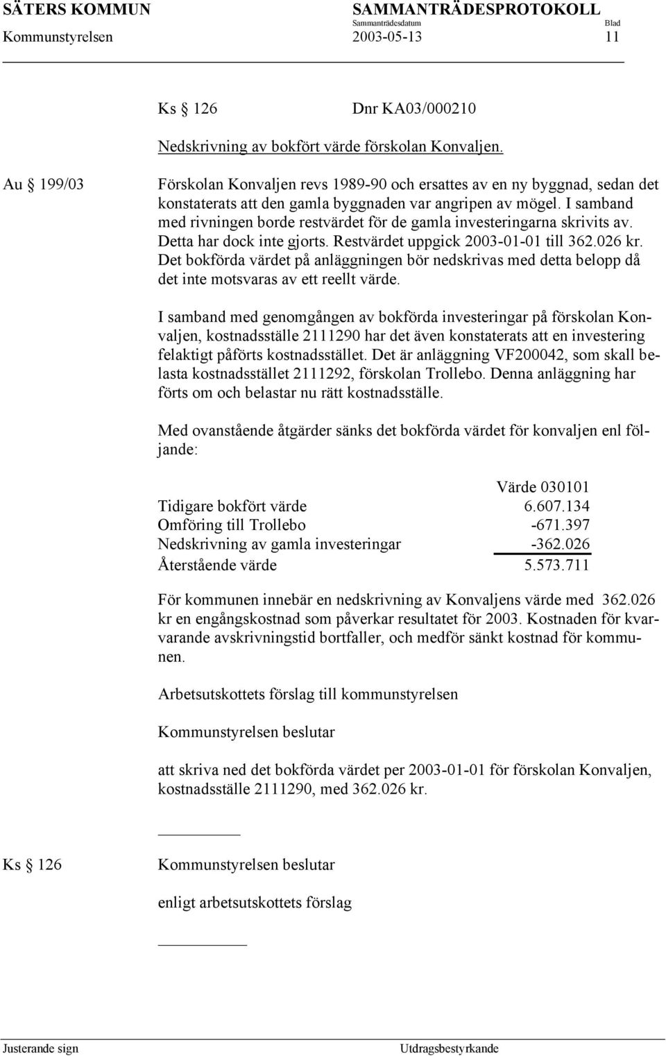 I samband med rivningen borde restvärdet för de gamla investeringarna skrivits av. Detta har dock inte gjorts. Restvärdet uppgick 2003-01-01 till 362.026 kr.