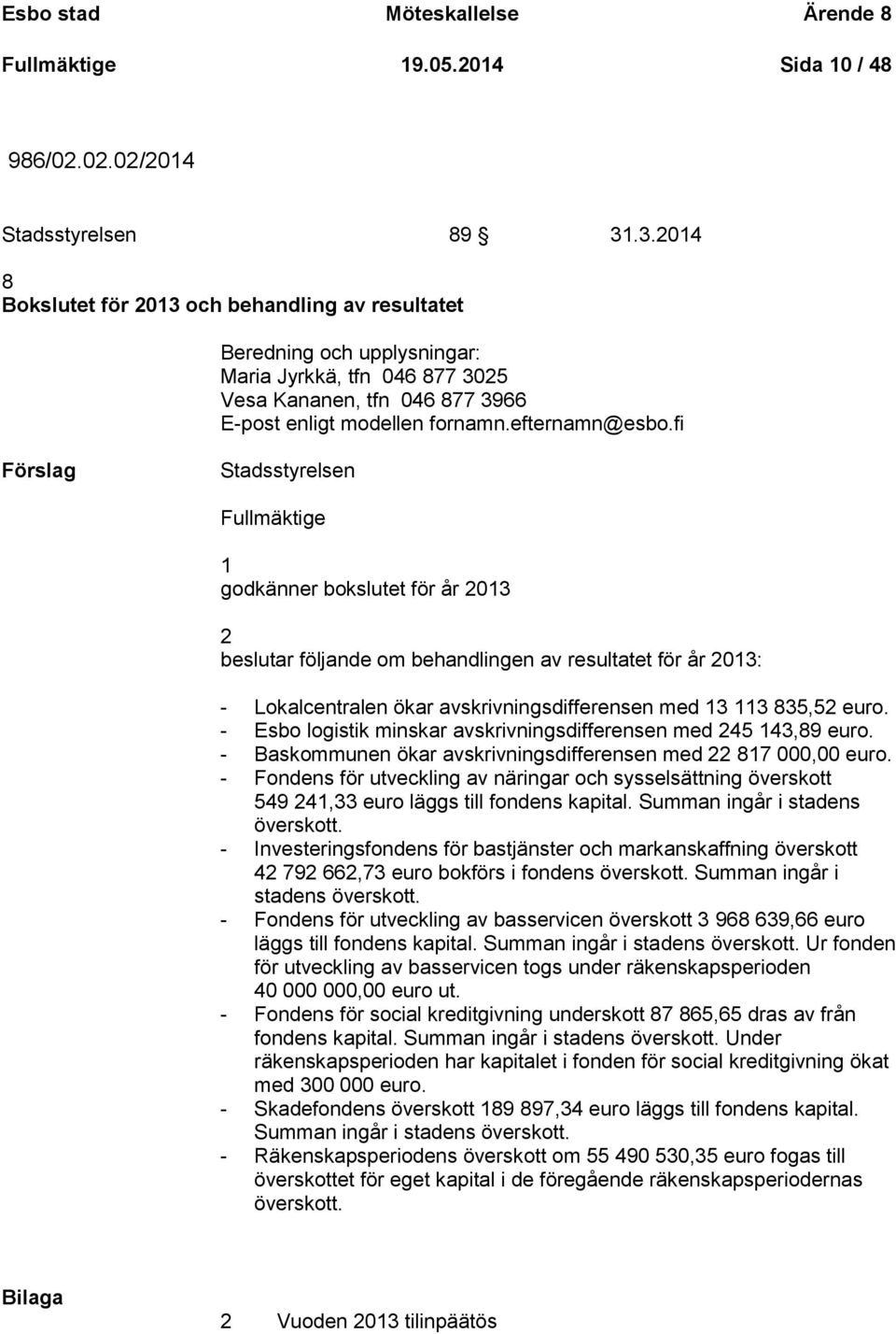 fi Stadsstyrelsen Fullmäktige 1 godkänner bokslutet för år 2013 2 beslutar följande om behandlingen av resultatet för år 2013: - Lokalcentralen ökar avskrivningsdifferensen med 13 113 835,52 euro.
