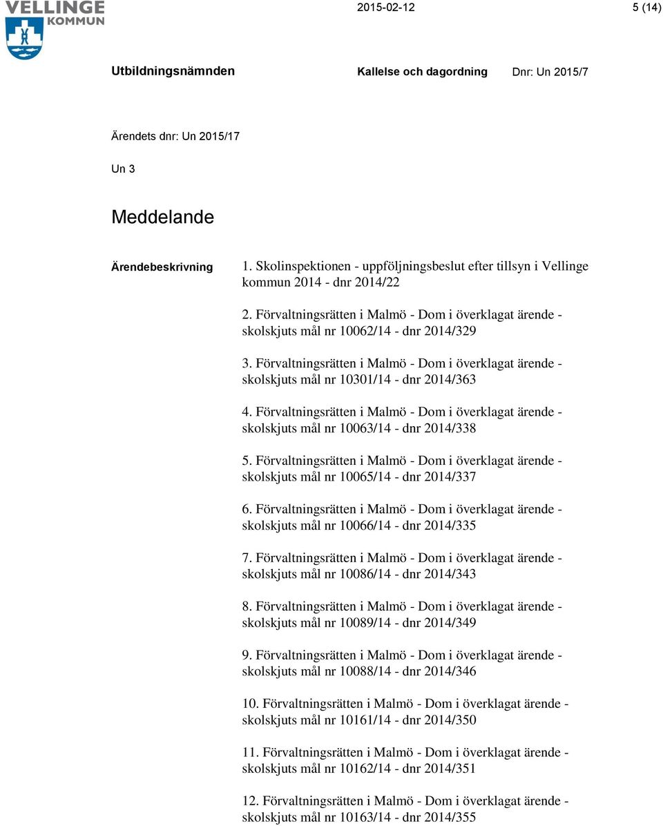 Förvaltningsrätten i Malmö - Dom i överklagat ärende - skolskjuts mål nr 10063/14 - dnr 2014/338 5. Förvaltningsrätten i Malmö - Dom i överklagat ärende - skolskjuts mål nr 10065/14 - dnr 2014/337 6.