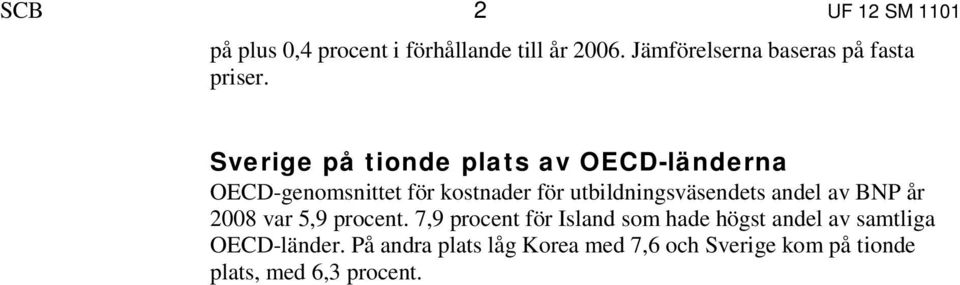 Sverige på tionde plats av OECD-länderna OECD-genomsnittet för kostnader för utbildningsväsendets