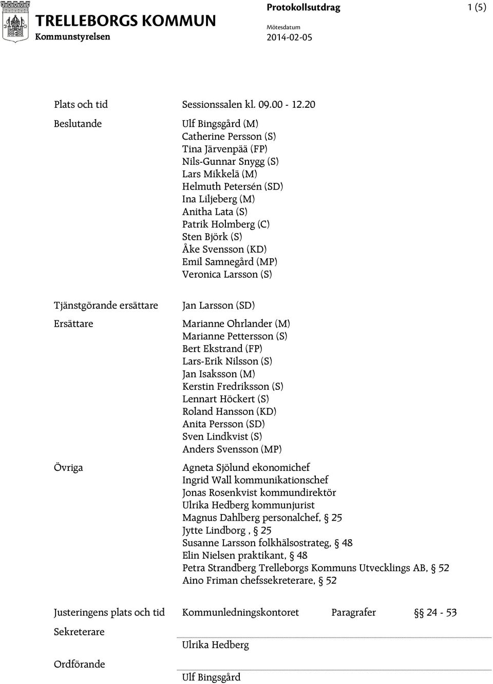 (S) Åke Svensson (KD) Emil Samnegård (MP) Veronica Larsson (S) Tjänstgörande ersättare Ersättare Övriga Jan Larsson (SD) Marianne Ohrlander (M) Marianne Pettersson (S) Bert Ekstrand (FP) Lars-Erik