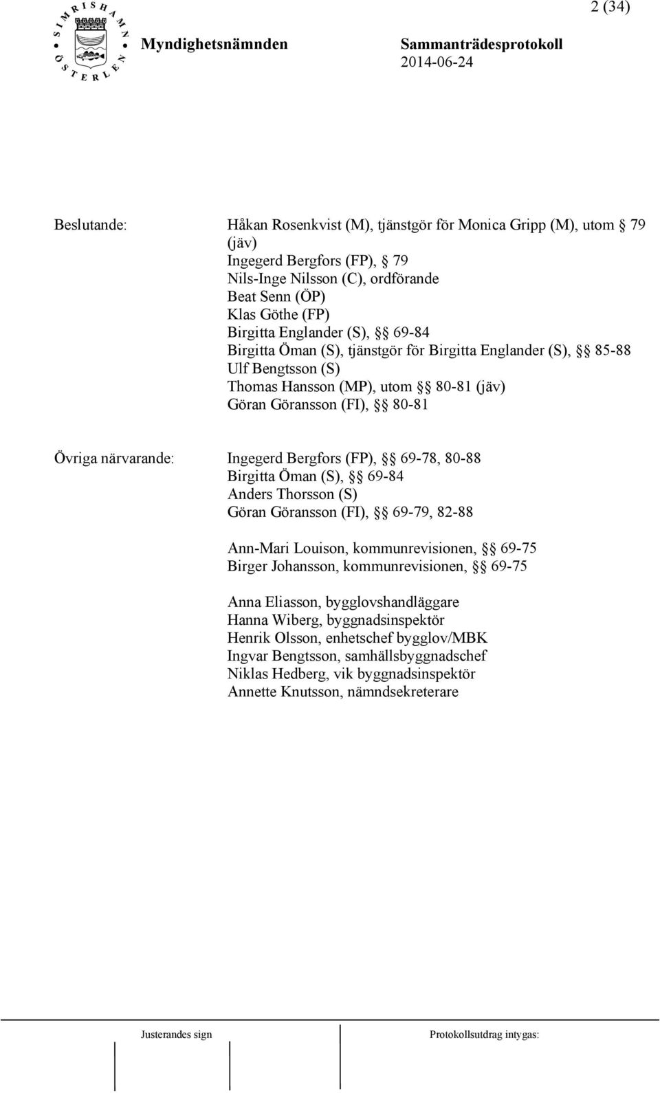 (FP), 69-78, 80-88 Birgitta Öman (S), 69-84 Anders Thorsson (S) Göran Göransson (FI), 69-79, 82-88 Ann-Mari Louison, kommunrevisionen, 69-75 Birger Johansson, kommunrevisionen, 69-75 Anna Eliasson,
