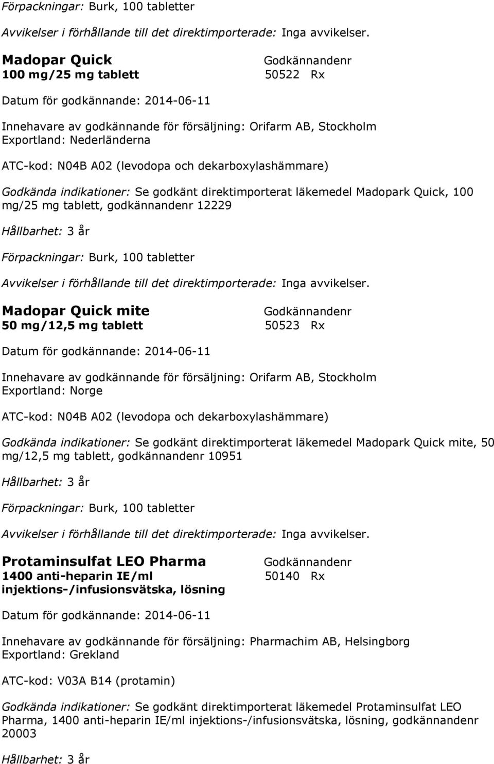 N04B A02 (levodopa och dekarboxylashämmare) Godkända indikationer: Se godkänt direktimporterat läkemedel Madopark Quick mite, 50 mg/12,5 mg tablett, godkännandenr 10951 Förpackningar: Burk, 100