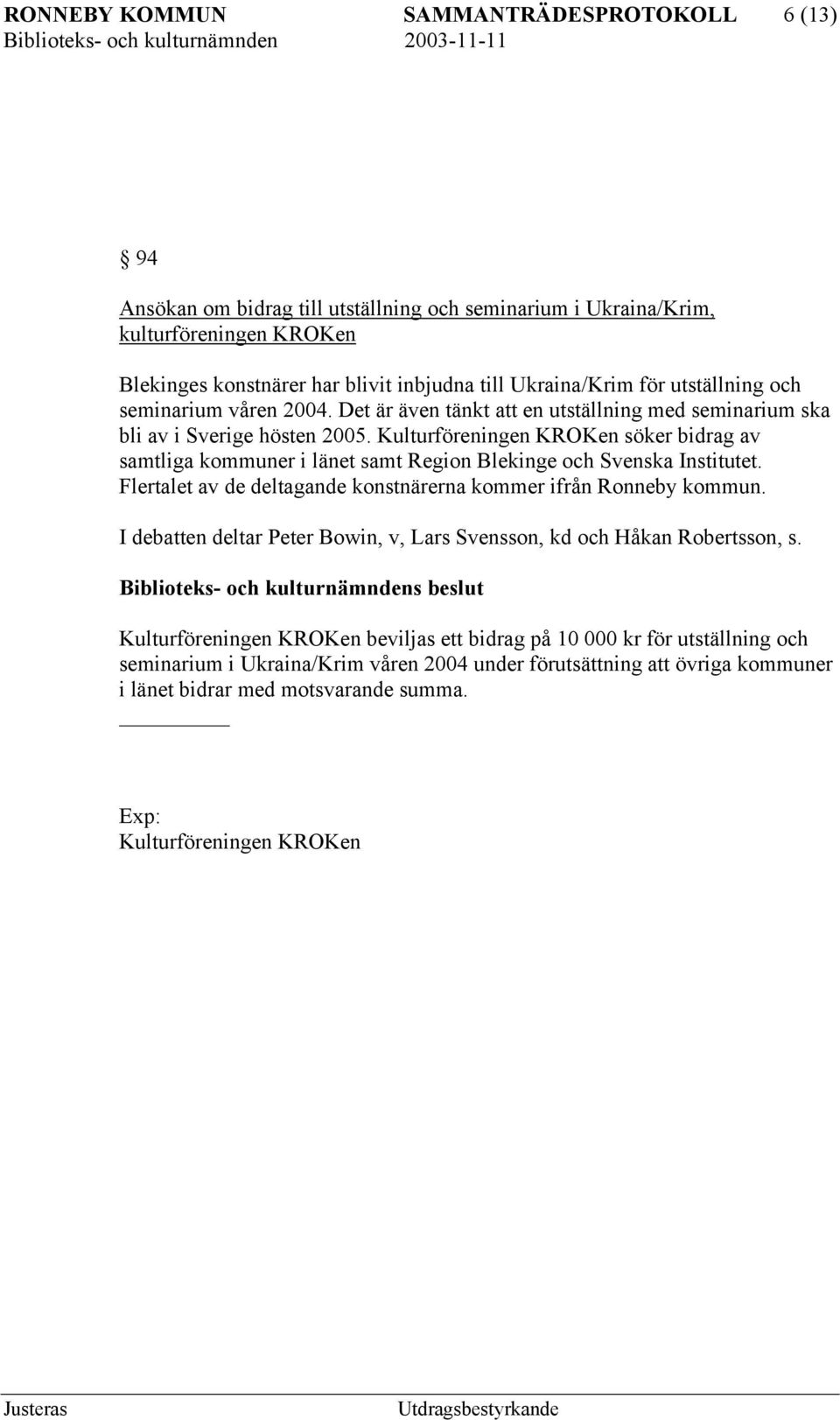 Kulturföreningen KROKen söker bidrag av samtliga kommuner i länet samt Region Blekinge och Svenska Institutet. Flertalet av de deltagande konstnärerna kommer ifrån Ronneby kommun.