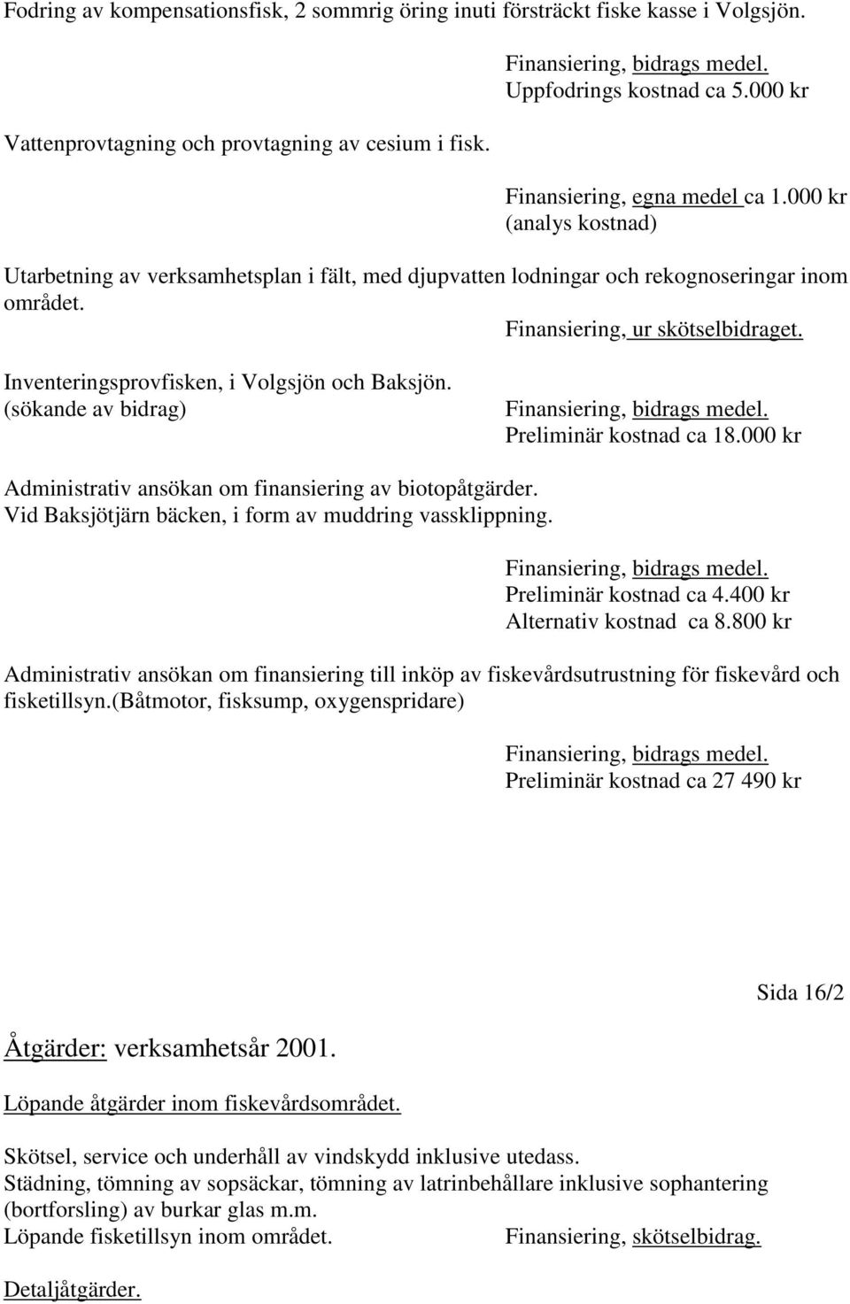 Inventeringsprovfisken, i Volgsjön och Baksjön. (sökande av bidrag) Finansiering, bidrags medel. Preliminär kostnad ca 18.000 kr Administrativ ansökan om finansiering av biotopåtgärder.