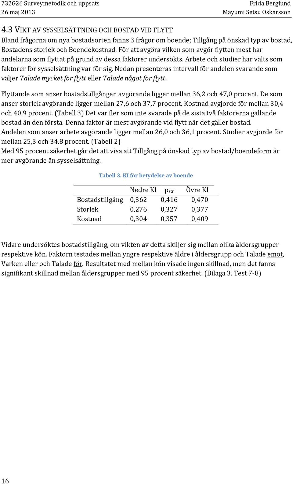 Nedan presenteras intervall för andelen svarande som väljer Talade mycket för flytt eller Talade något för flytt. Flyttande som anser bostadstillgången avgörande ligger mellan 36,2 och 47,0 procent.