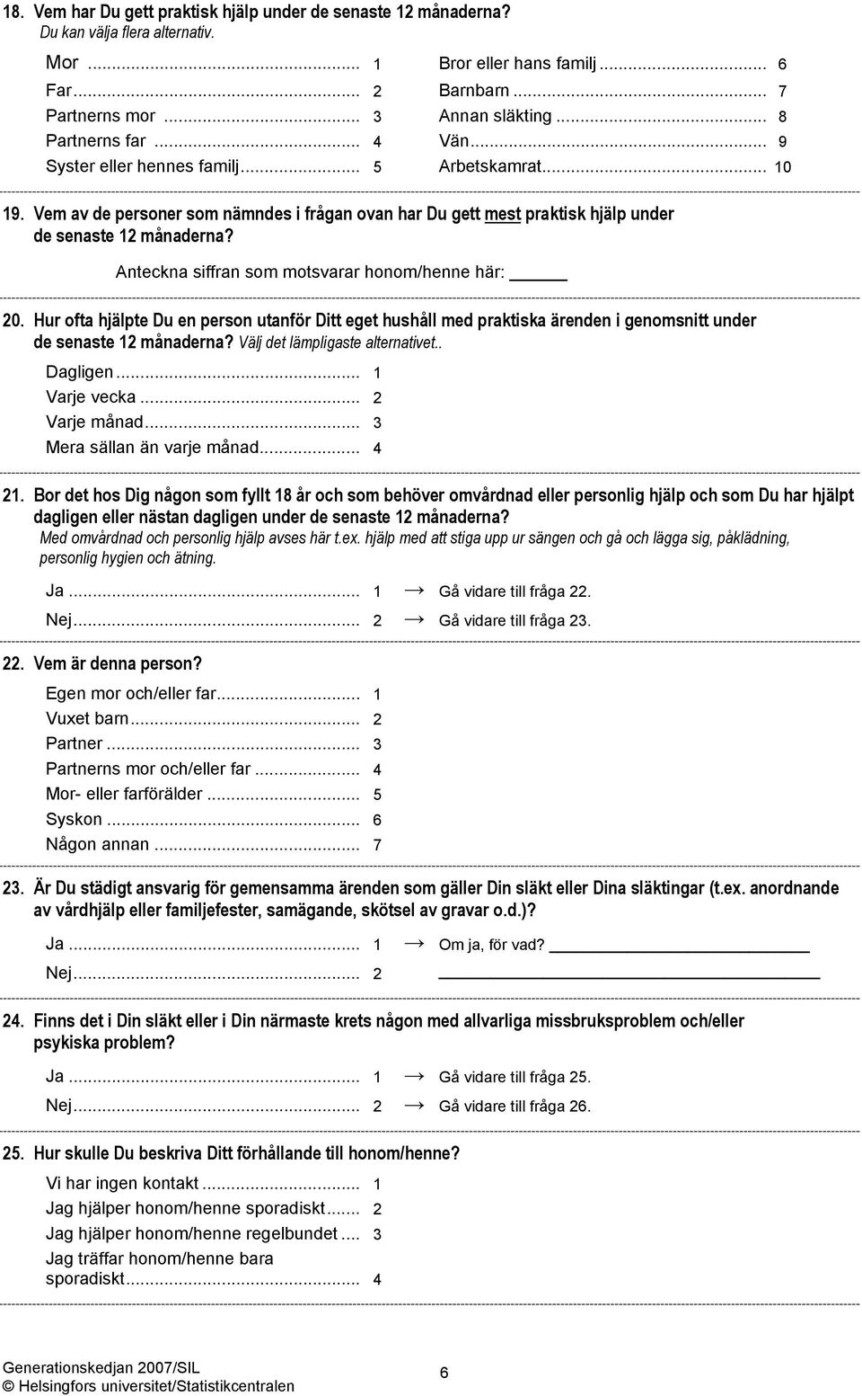 Anteckna siffran som motsvarar honom/henne här: 20. Hur ofta hjälpte Du en person utanför Ditt eget hushåll med praktiska ärenden i genomsnitt under de senaste 12 månaderna?