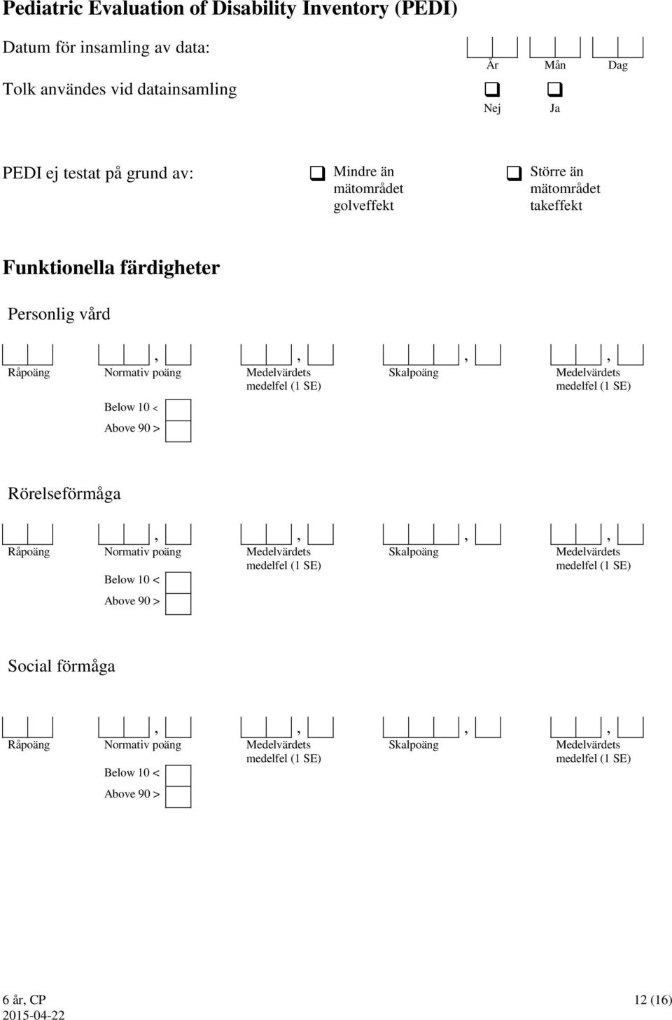 Medelvärdets Below 10 < Above 90 > Skalpoäng Medelvärdets Rörelseförmåga,,,, Råpoäng Normativ poäng Medelvärdets Below 10 <