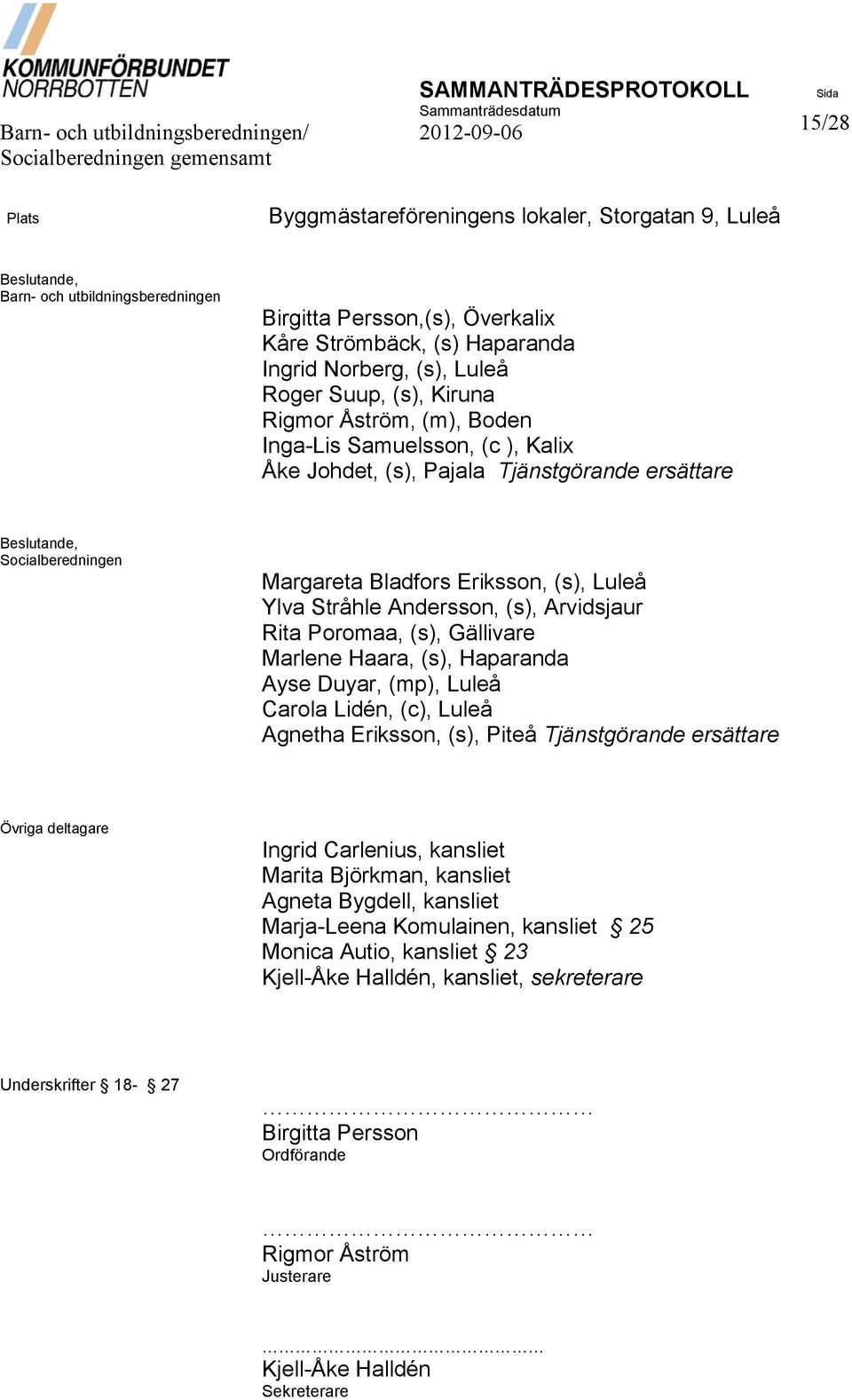 Beslutande, Socialberedningen Margareta Bladfors Eriksson, (s), Luleå Ylva Stråhle Andersson, (s), Arvidsjaur Rita Poromaa, (s), Gällivare Marlene Haara, (s), Haparanda Ayse Duyar, (mp), Luleå Carola