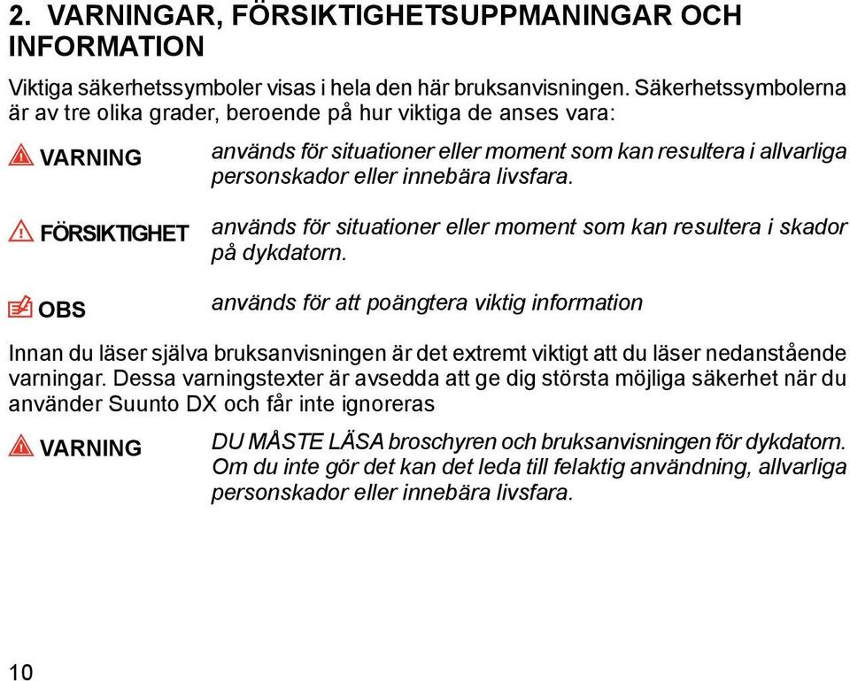 FÖRSIKTIGHET OBS används för situationer eller moment som kan resultera i skador på dykdatorn.