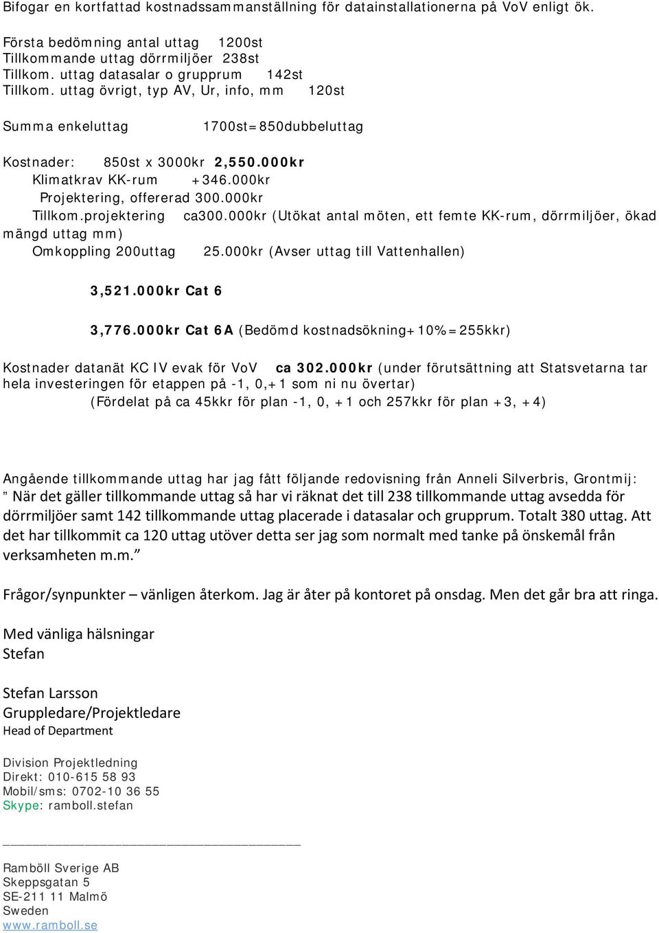 000kr Projektering, offererad 300.000kr Tillkom.projektering ca300.000kr (Utökat antal möten, ett femte -rum, dörrmiljöer, ökad mängd uttag mm) Omkoppling 200uttag 25.