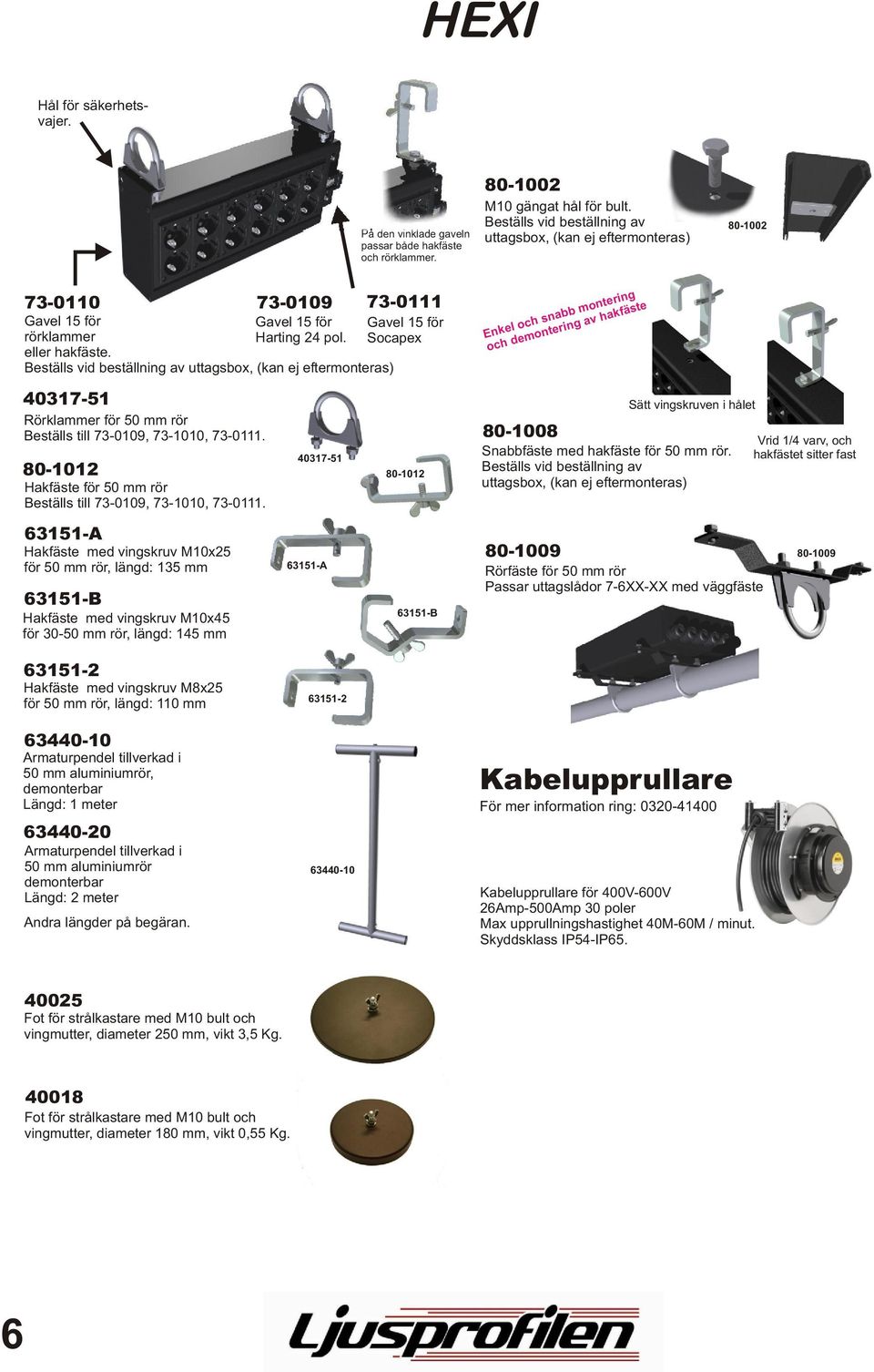 73-0111 Gavel 15 för Socapex Beställs vid beställning av uttagsbox, (kan ej eftermonteras) E nkeloch snabb montering ochdemontering av hakfäste 40317-51 Rörklammer för 50 mm rör Beställs till