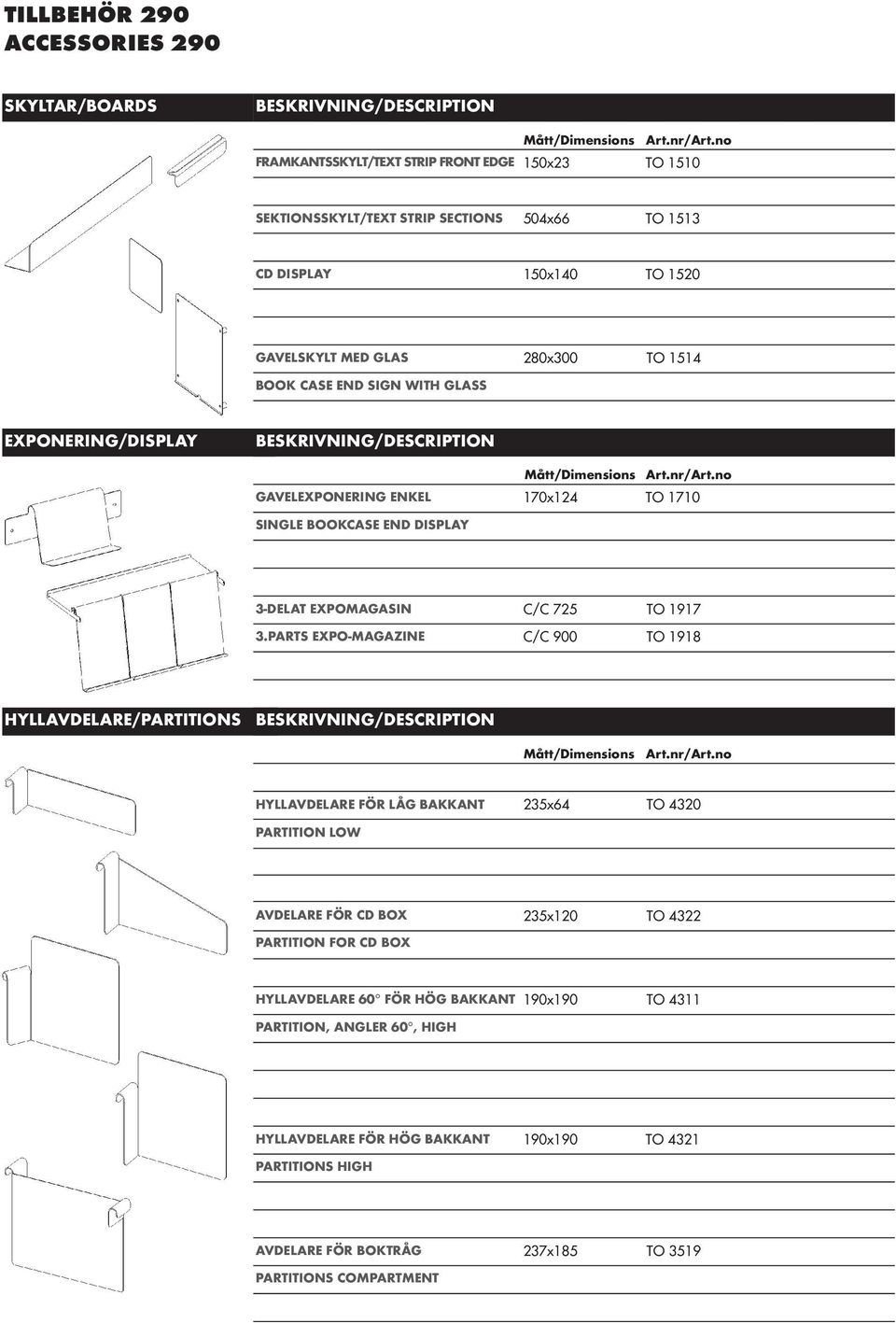 PARTS EXPO-MAGAZINE TO 1917 TO 1918 HYLLAVDELARE/PARTITIONS Mått/Dimensions HYLLAVDELARE FÖR LÅG BAKKANT PARTITION LOW 235x64 TO 4320 AVDELARE FÖR CD BOX PARTITION FOR CD BOX 235x120 TO 4322